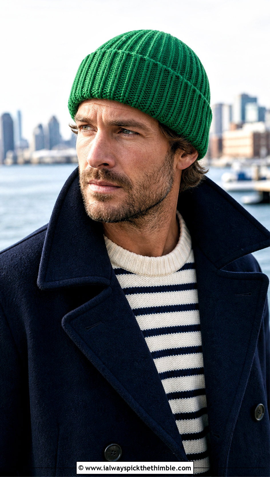 Ribbed Crochet Watch Cap With Peacoat - 25 crochet cap for men outfit ideas