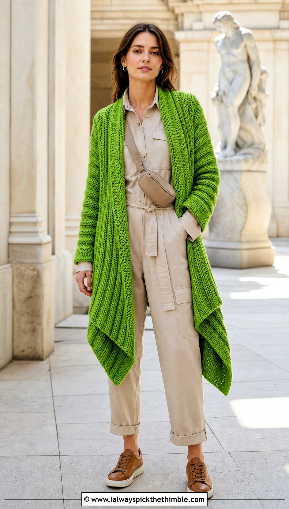 Ribbed Crochet Waterfall Cardigan With Utility Jumpsuit - 20 crochet waterfall cardigan outfit ideas