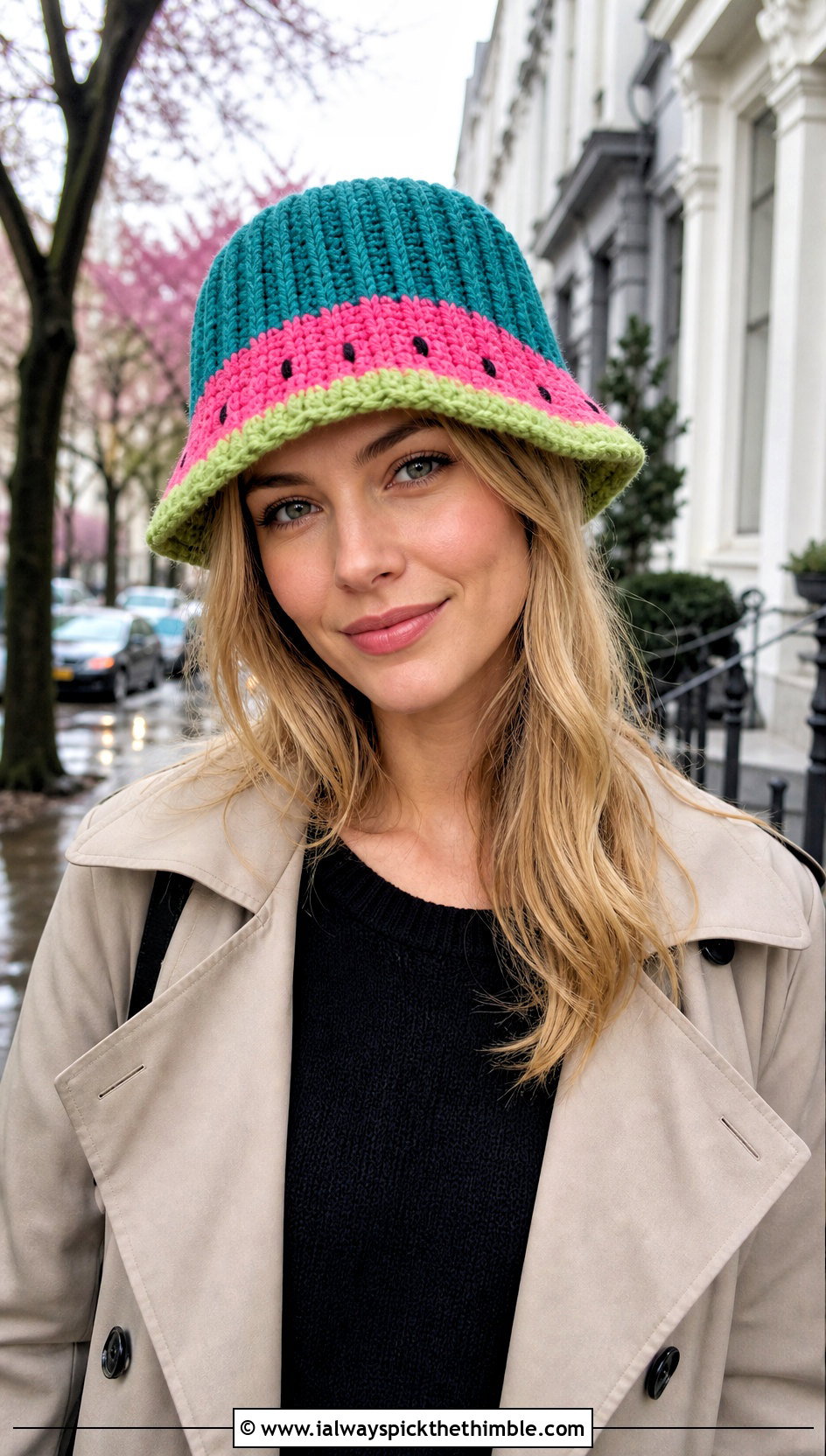 Ribbed Crochet Watermelon Bucket Hat With Trench Coat - 20 crochet watermelon bucket hat outfit ideas