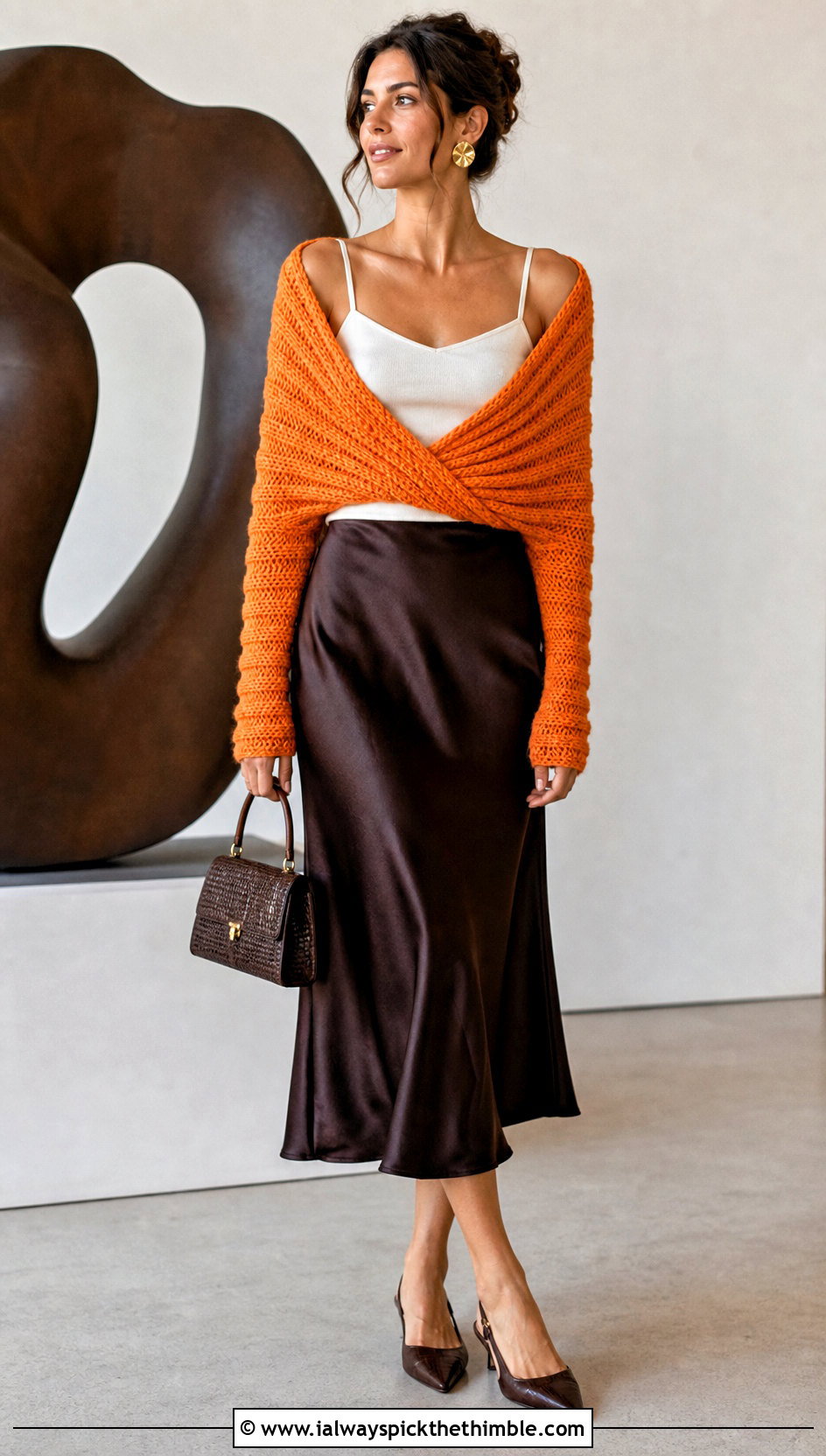 Ribbed Crochet Wrap Around Shrug With Satin Midi Skirt - 20 Crochet Wrap Around Shrug outfit ideas