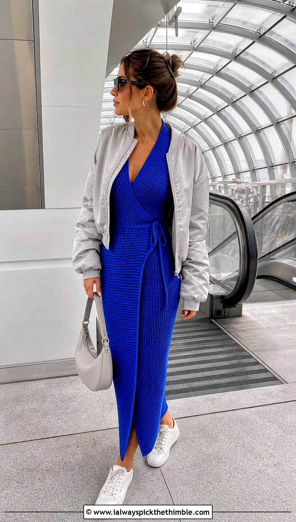 Ribbed Crochet Wrap Dress With Bomber Jacket - 25 crochet wrap dress outfit ideas