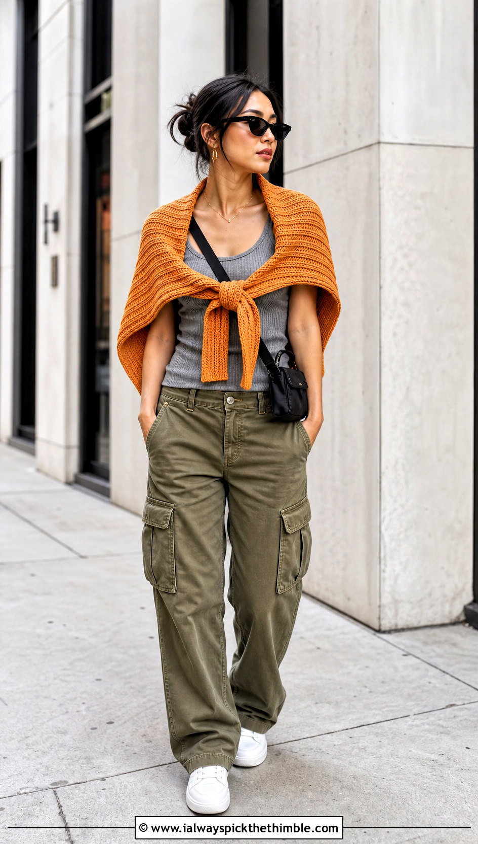 Ribbed Crochet Wrap Shrug With Cargo Pants - 25 Crochet Wrap Shrug outfit ideas