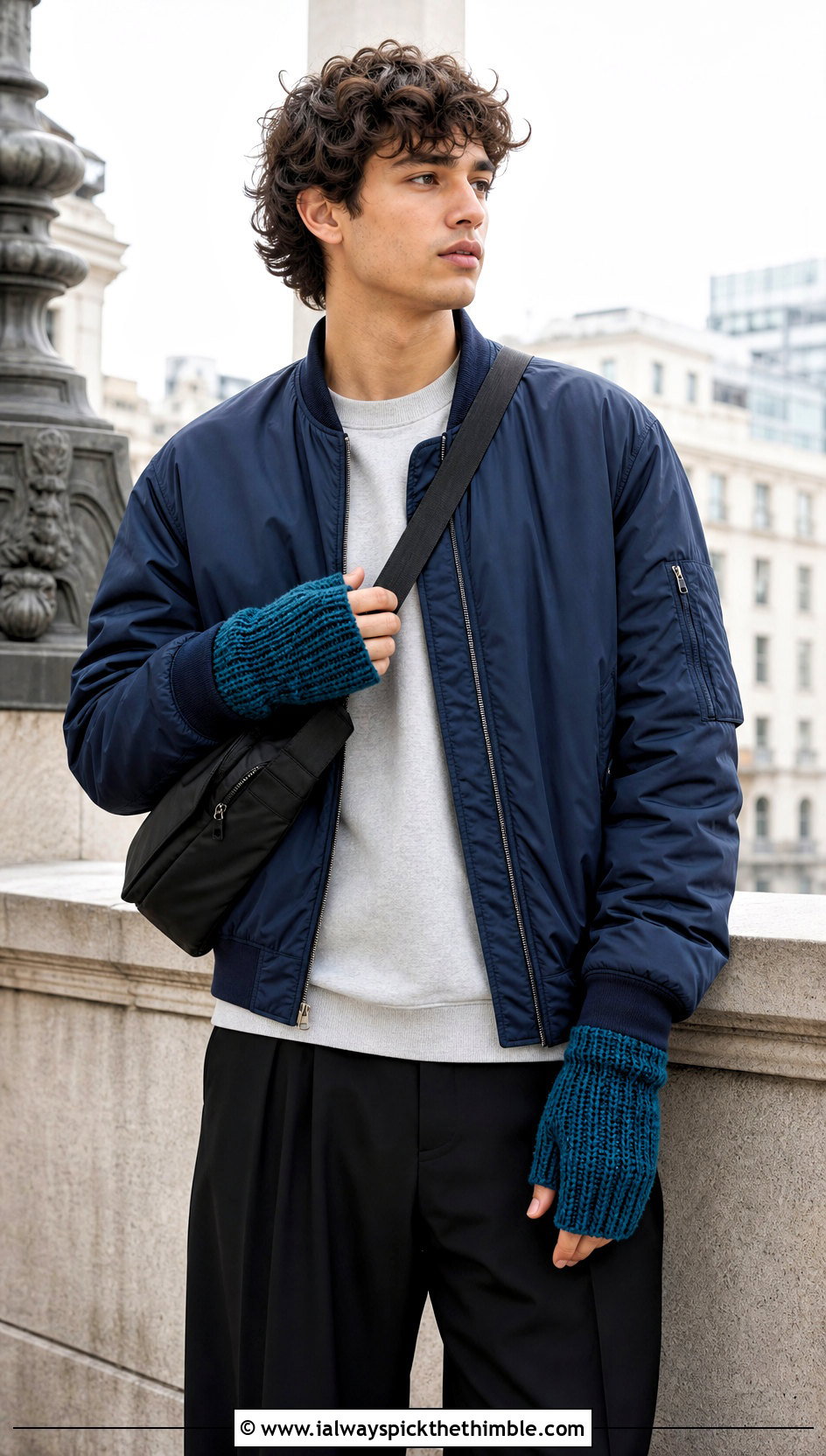 Ribbed Crochet Wrist Warmer Gloves With Bomber Jacket - 20 Crochet Mens Gloves outfit ideas