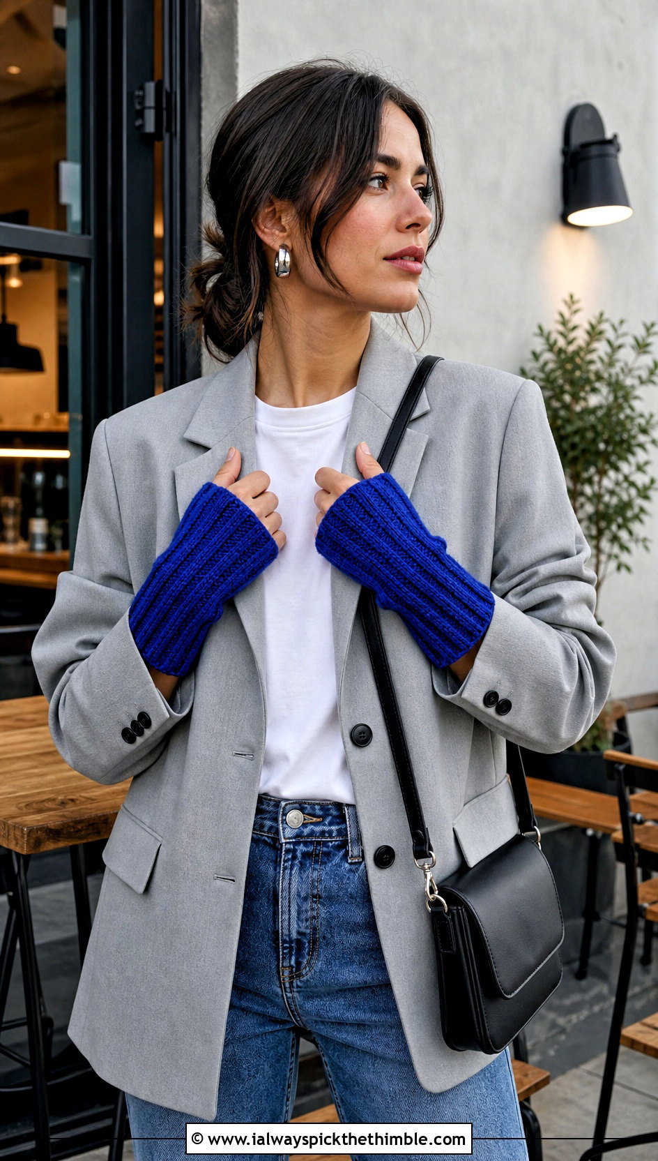 Ribbed Crochet Wrist Warmers With Blazer And Jeans - 15 Crochet Tipless Gloves outfit ideas