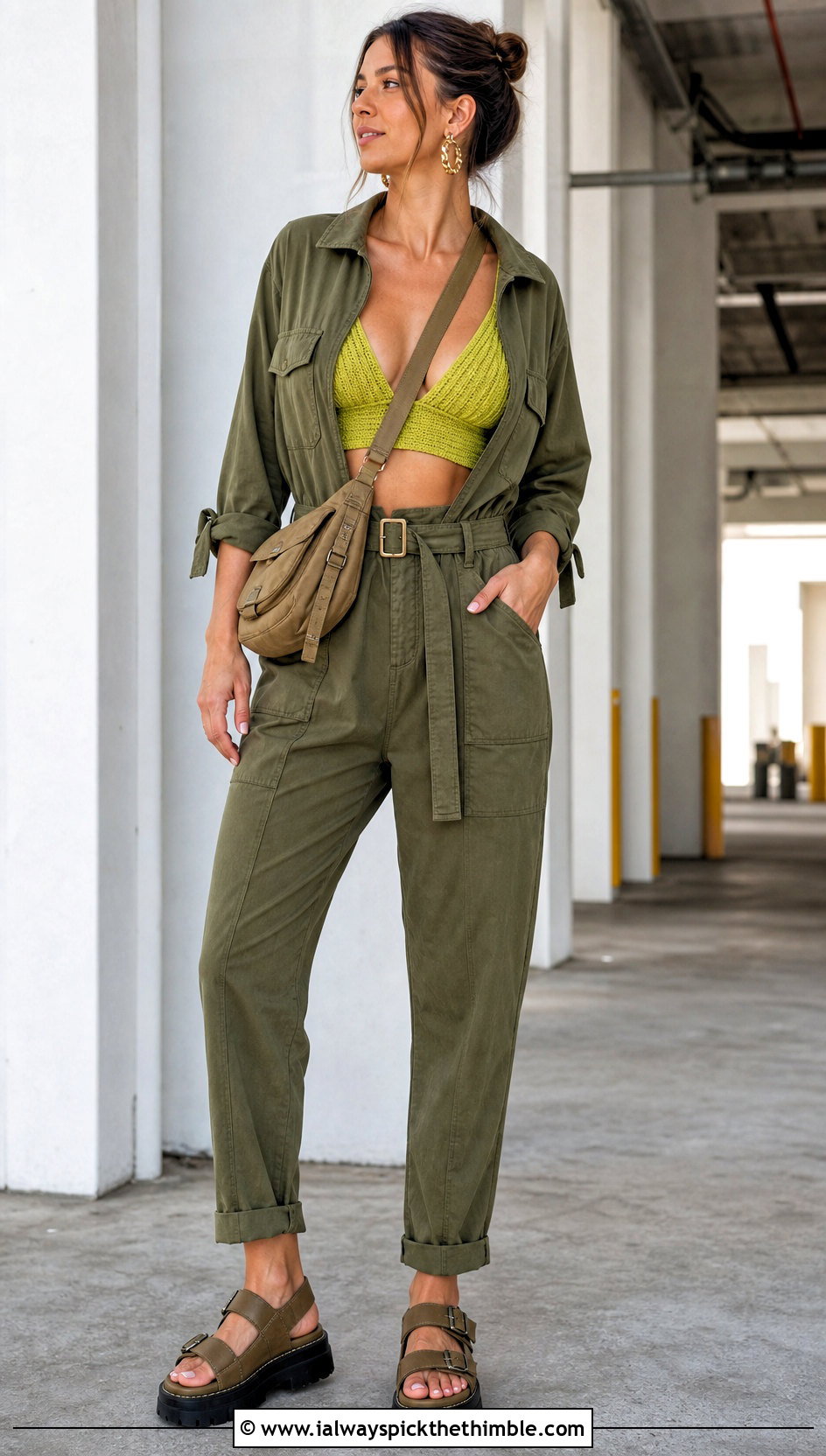Ribbed Crocheted Bralette With Utility Jumpsuit - 20 crocheted bralette outfit ideas