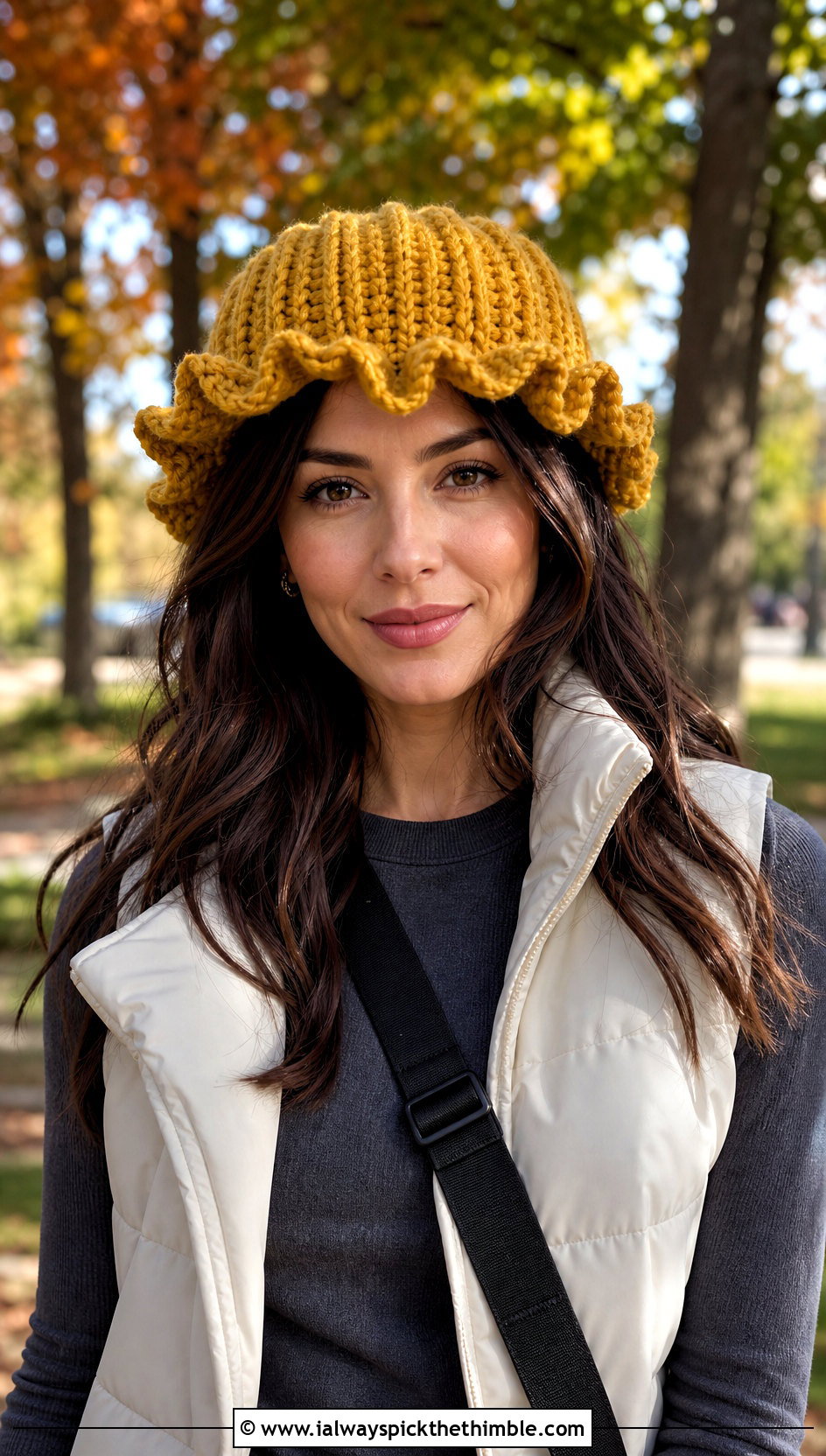 Ribbed Crown Ruffle Crochet Hat With Puffer Vest - 25 ruffled crochet hat outfit ideas