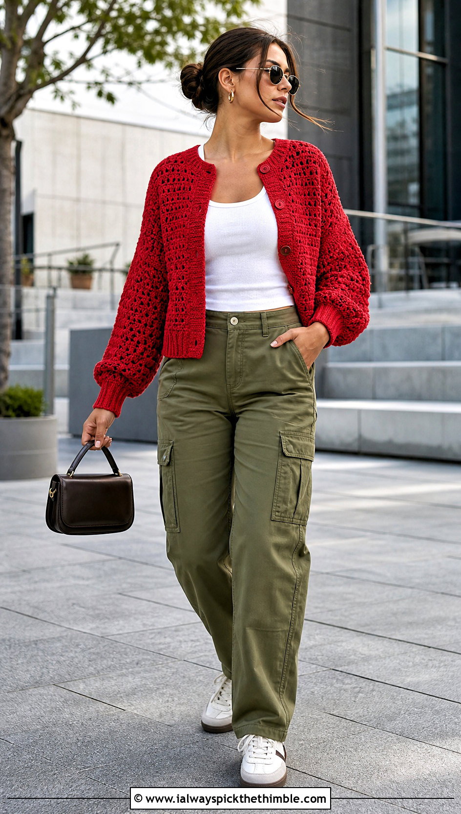 Ribbed Cuff Balloon Sleeve Cardigan With Cargo Pants - 20 Crochet Puffy Sleeves Cardigan outfit ideas