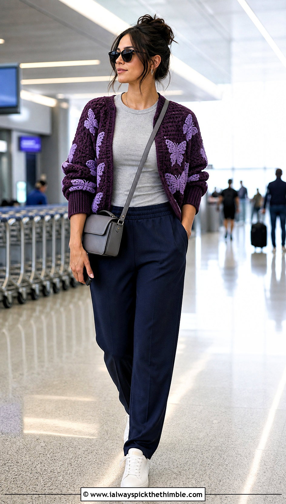 Ribbed Cuff Butterfly Crochet Cardigan With Track Pants - 25 crochet butterfly cardigan outfit ideas