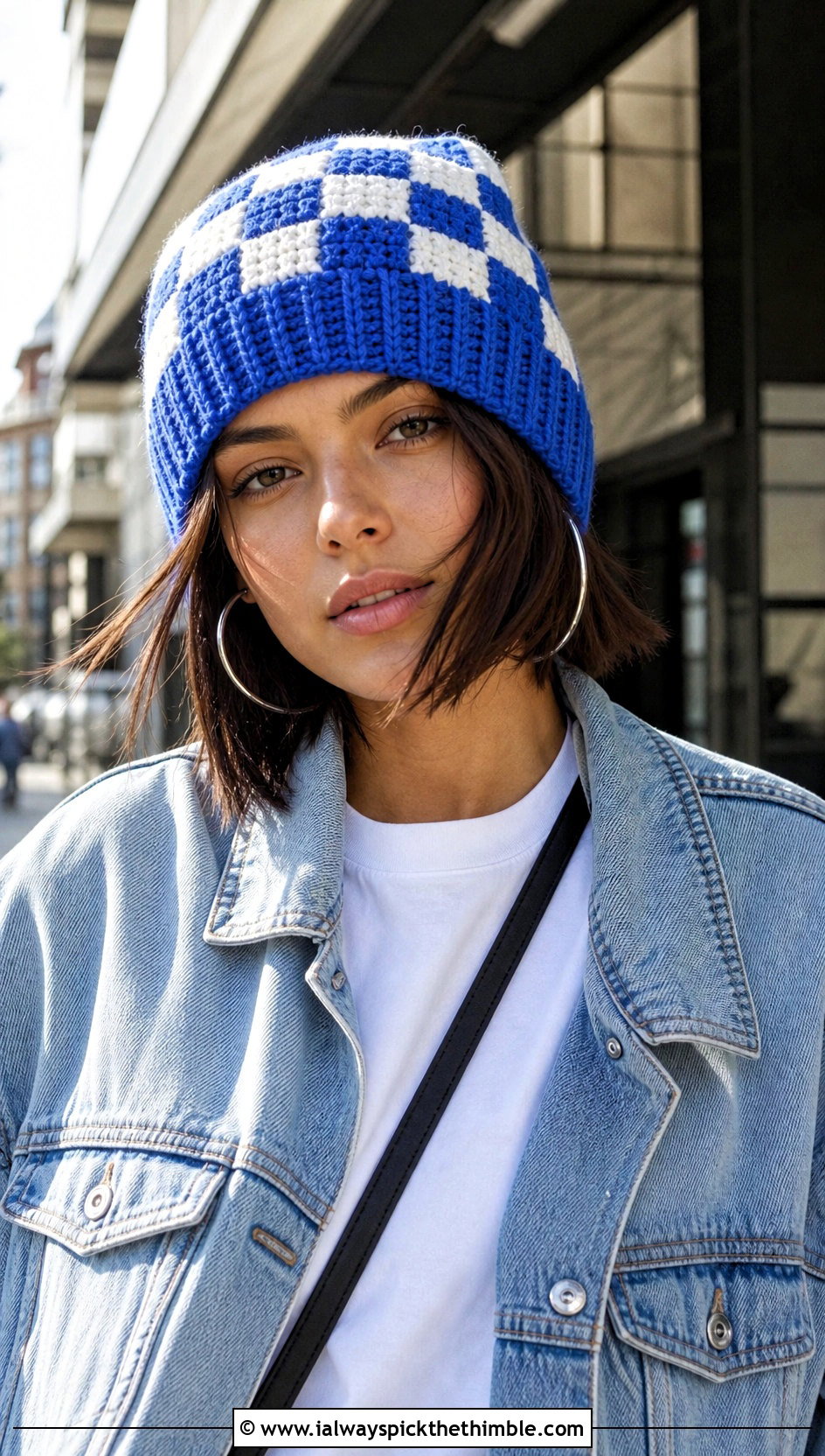 Ribbed Cuff Checkered Beanie With Denim Jacket - 25 crochet checkered beanie outfit ideas