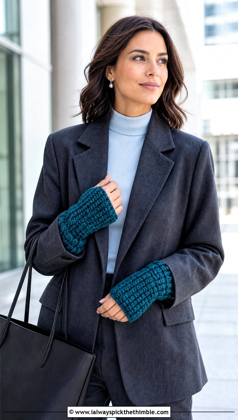 Ribbed Cuff Chunky Yarn Crochet Fingerless Gloves With Pantsuit - 20 chunky yarn crochet fingerless gloves outfit ideas