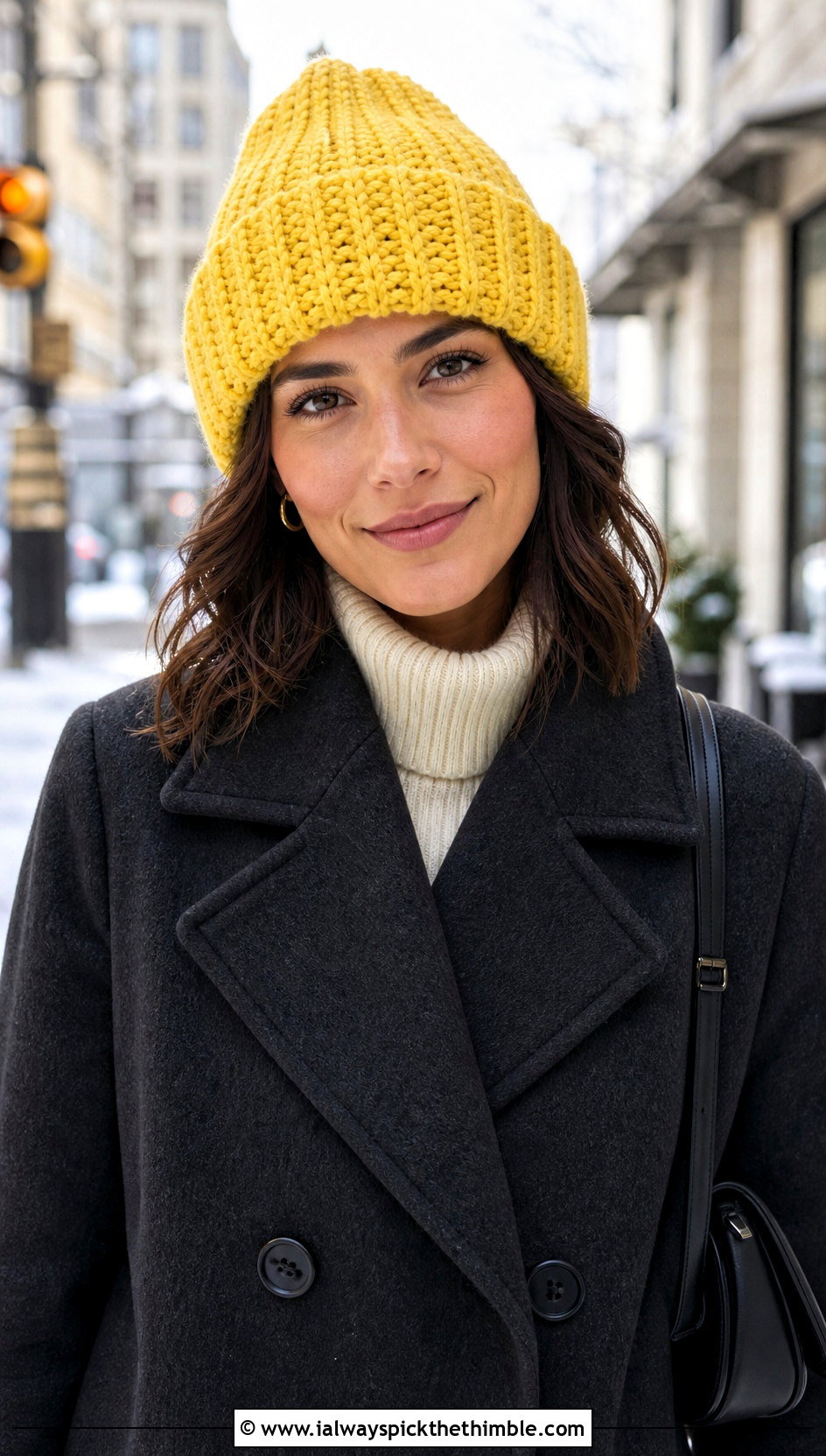 Ribbed Cuff Crochet Beanie With Wool Coat - 15 Crochet Warm Winter Hat outfit ideas
