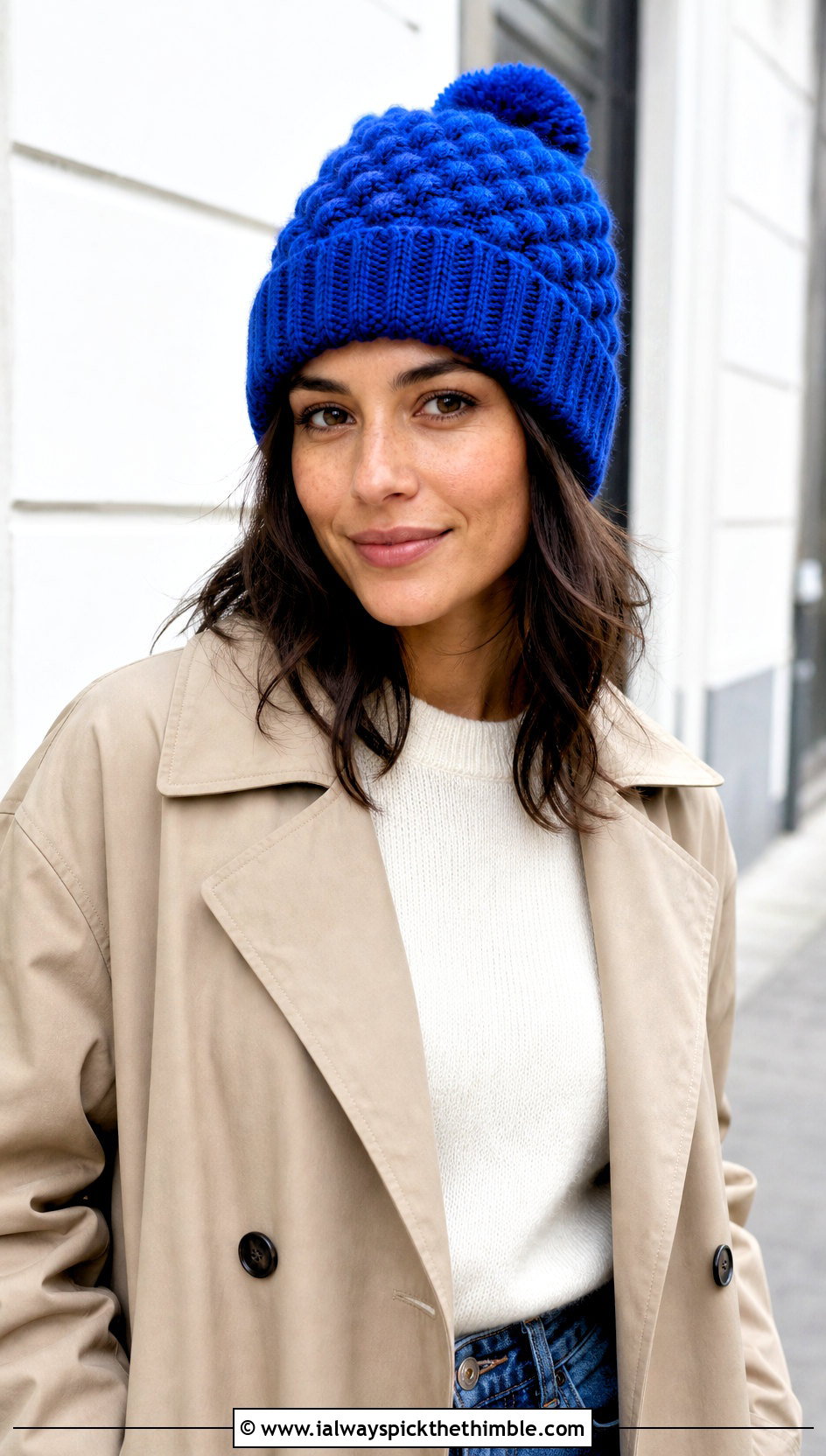 Ribbed Cuff Crochet Bobble Hat With Trench Coat - 20 crochet bobble hat outfit ideas