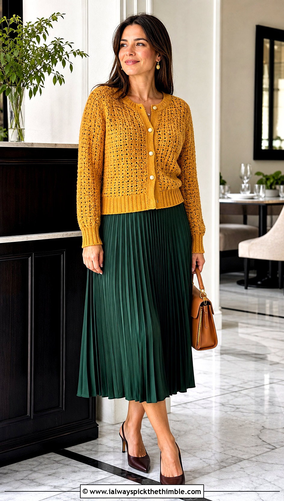 Ribbed Cuff Crochet Cardigan With Pleated Midi Skirt - 20 crochet women's cardigan outfit ideas