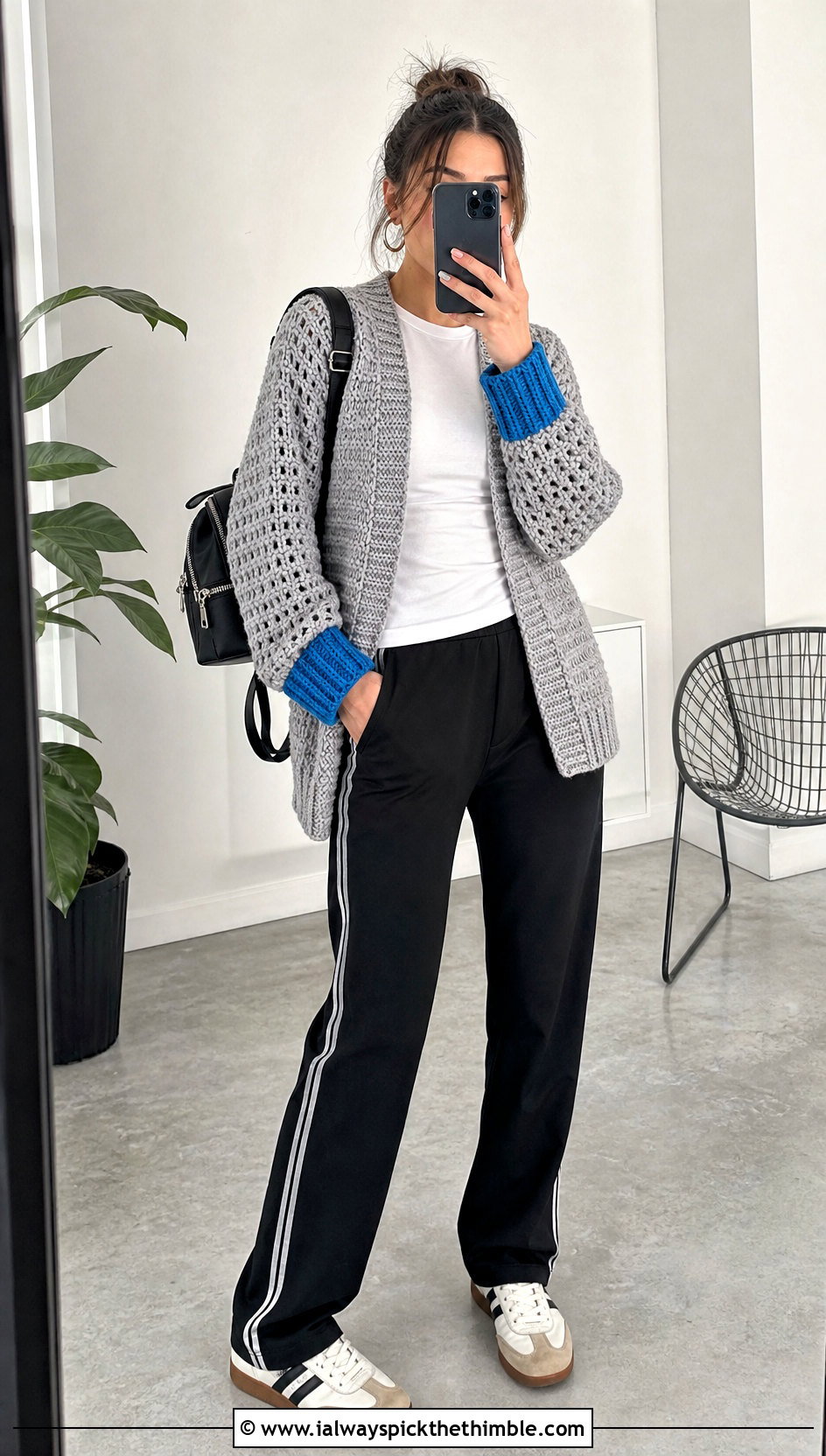 Ribbed Cuff Crochet Cardigan With Track Pants - 15 neutral tone crochet cardigan outfit ideas