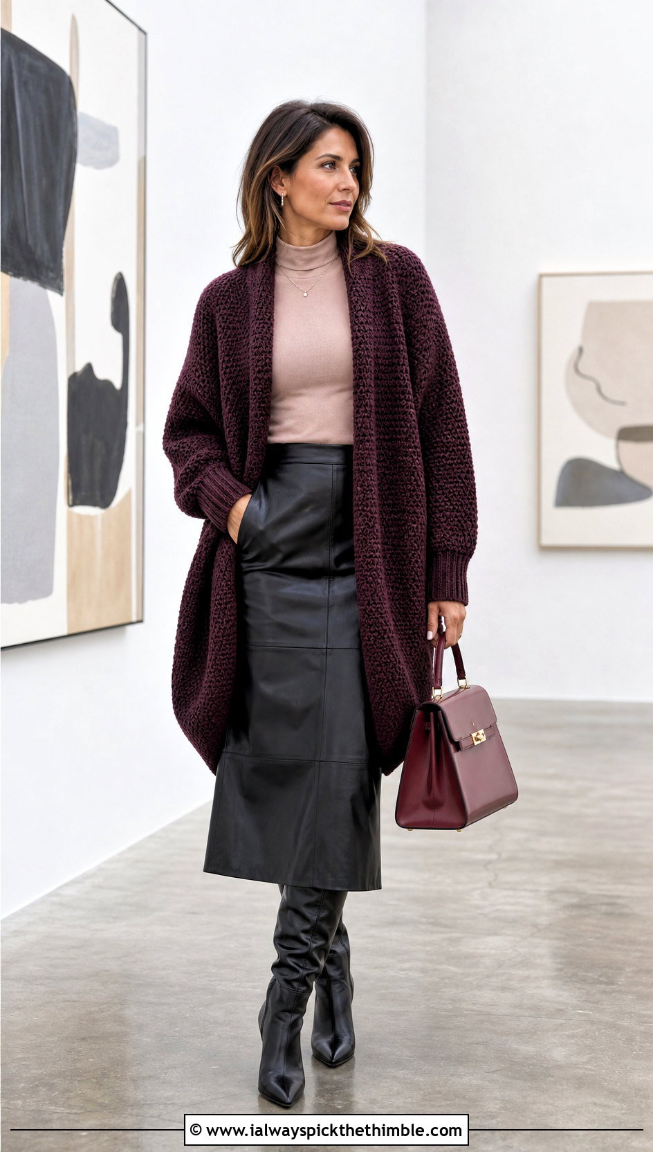 Ribbed Cuff Crochet Cocoon Cardigan With Leather Midi Skirt - 15 Easy Crochet Cocoon Cardigan outfit ideas