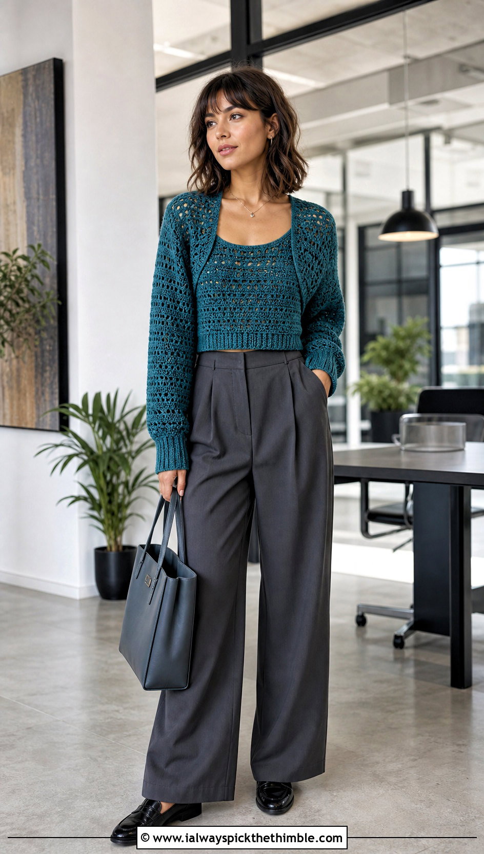 Ribbed Cuff Crochet Crop Shrug With Tailored Trousers - 20 Crochet Crop Shrug outfit ideas