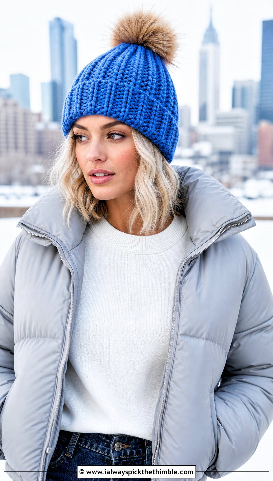 Ribbed Cuff Crochet Hat With Fur Pom Pom And Puffer Jacket - 15 Crochet Hat With Fur Pom Pom outfit ideas