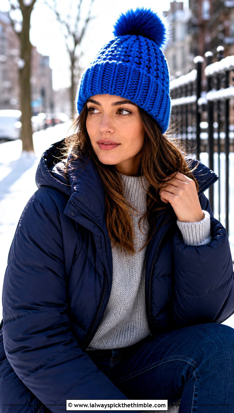 Ribbed Cuff Crochet Hat With Pom Pom And Puffer Jacket - 20 crochet hat with pom pom outfit ideas