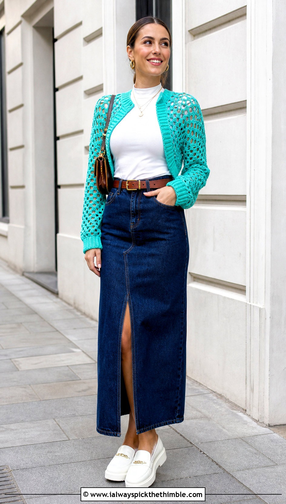 Ribbed Cuff Crochet Mesh Bolero With Denim Maxi Skirt - 20 Crochet Mesh Bolero outfit ideas