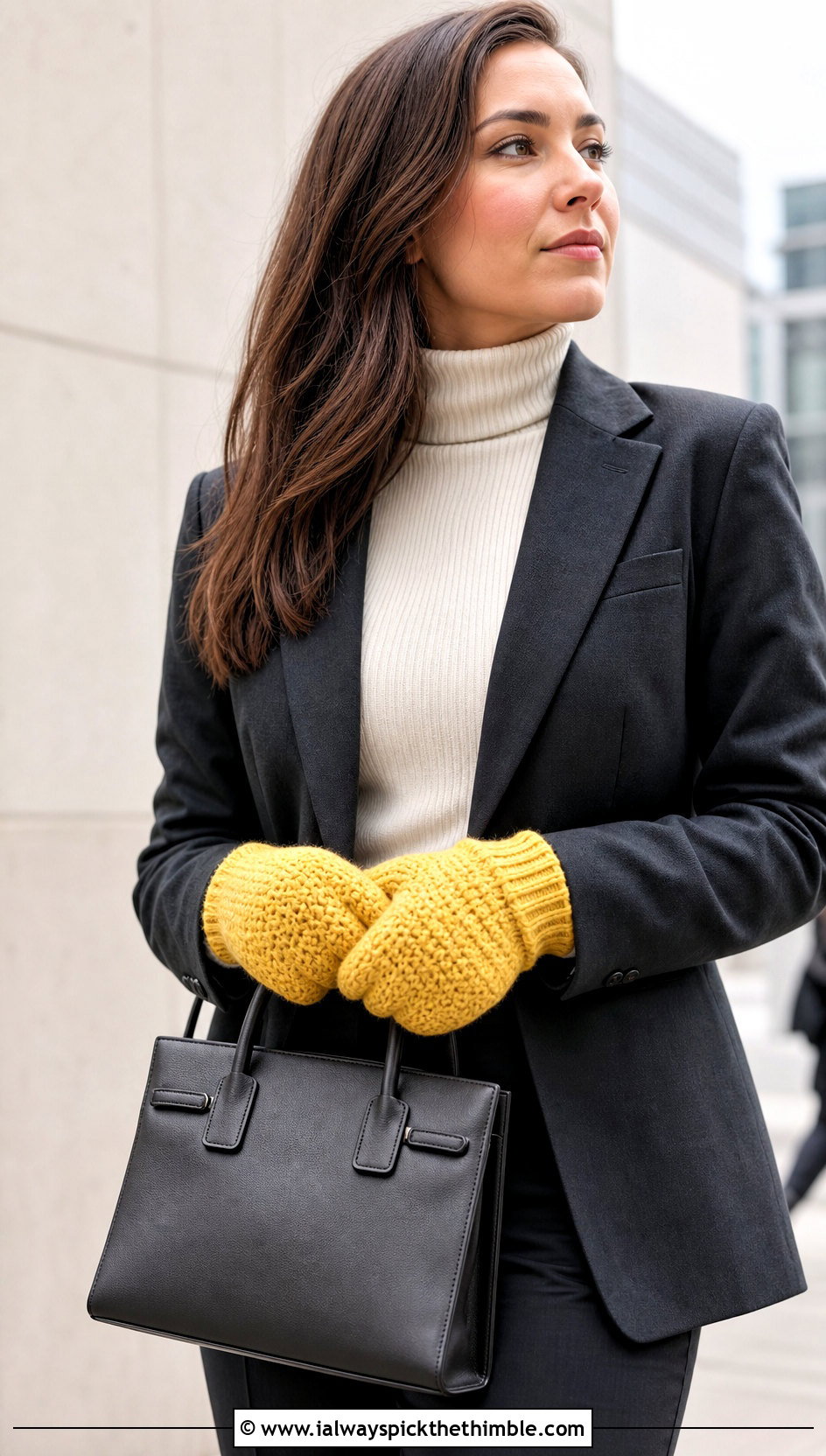 Ribbed Cuff Crochet Mittens With A Blazer And Trousers - 15 vintage crochet mitten outfit ideas