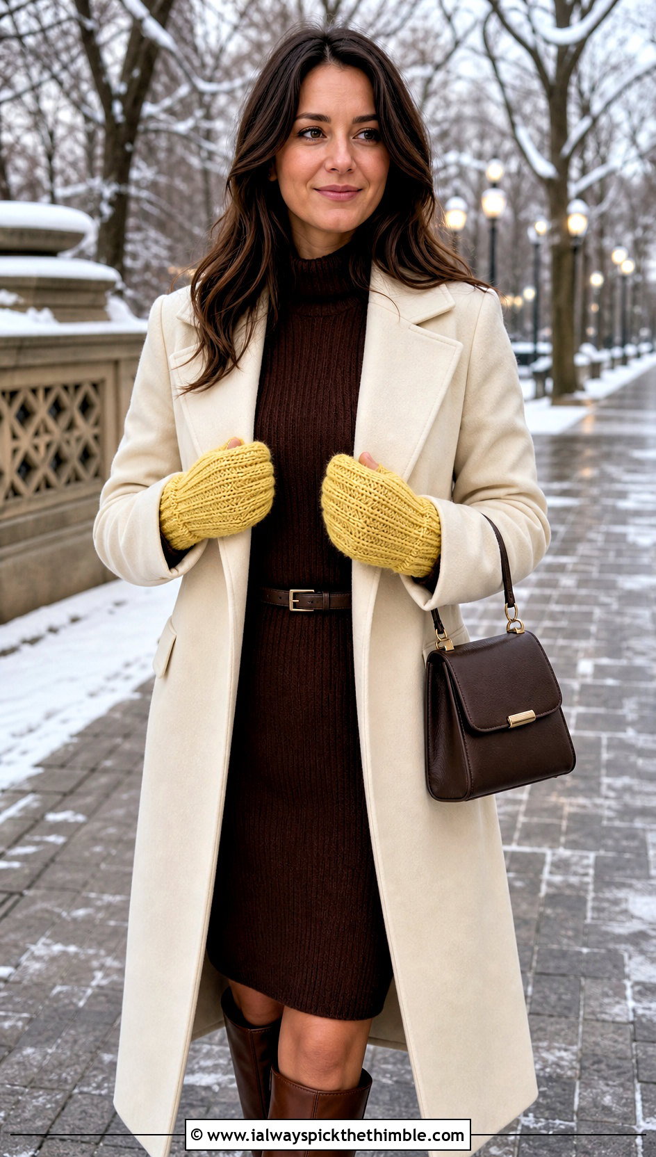 Ribbed Cuff Crochet Mittens With Sweater Dress And Boots - 20 quick crochet mittens outfit ideas