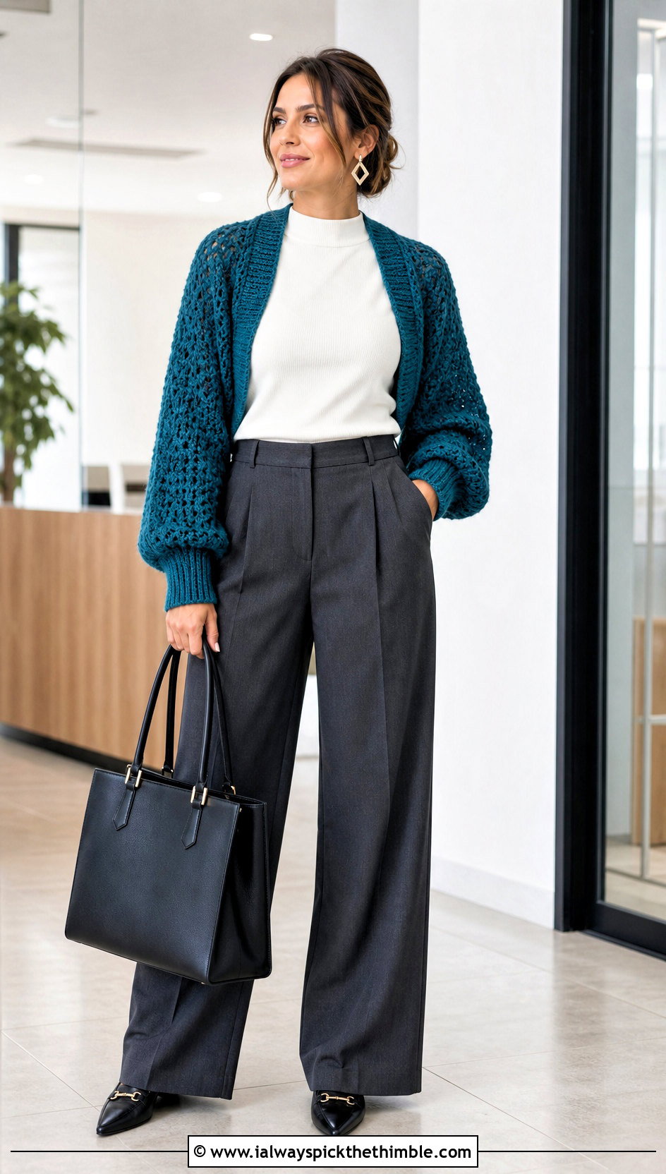 Ribbed Cuff Crochet Mohair Bolero With Tailored Trousers - 20 crochet mohair bolero outfit ideas