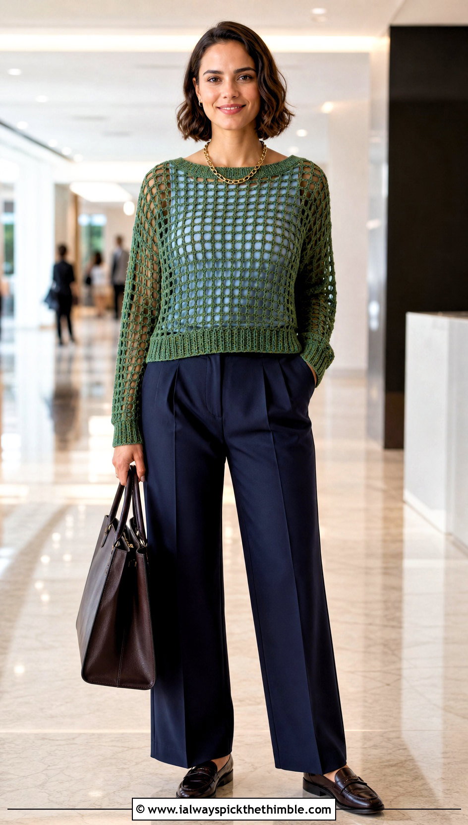 Ribbed Cuff Crochet Net Sweater With Pleated Trousers - 25 crochet net sweater outfit ideas