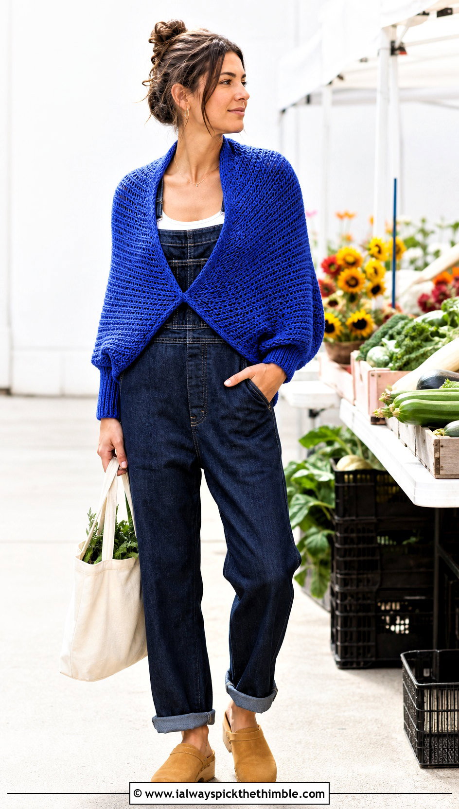 Ribbed Cuff Crochet Shawl With Denim Overalls - 20 crochet wrap around shrug with sleeves outfit ideas