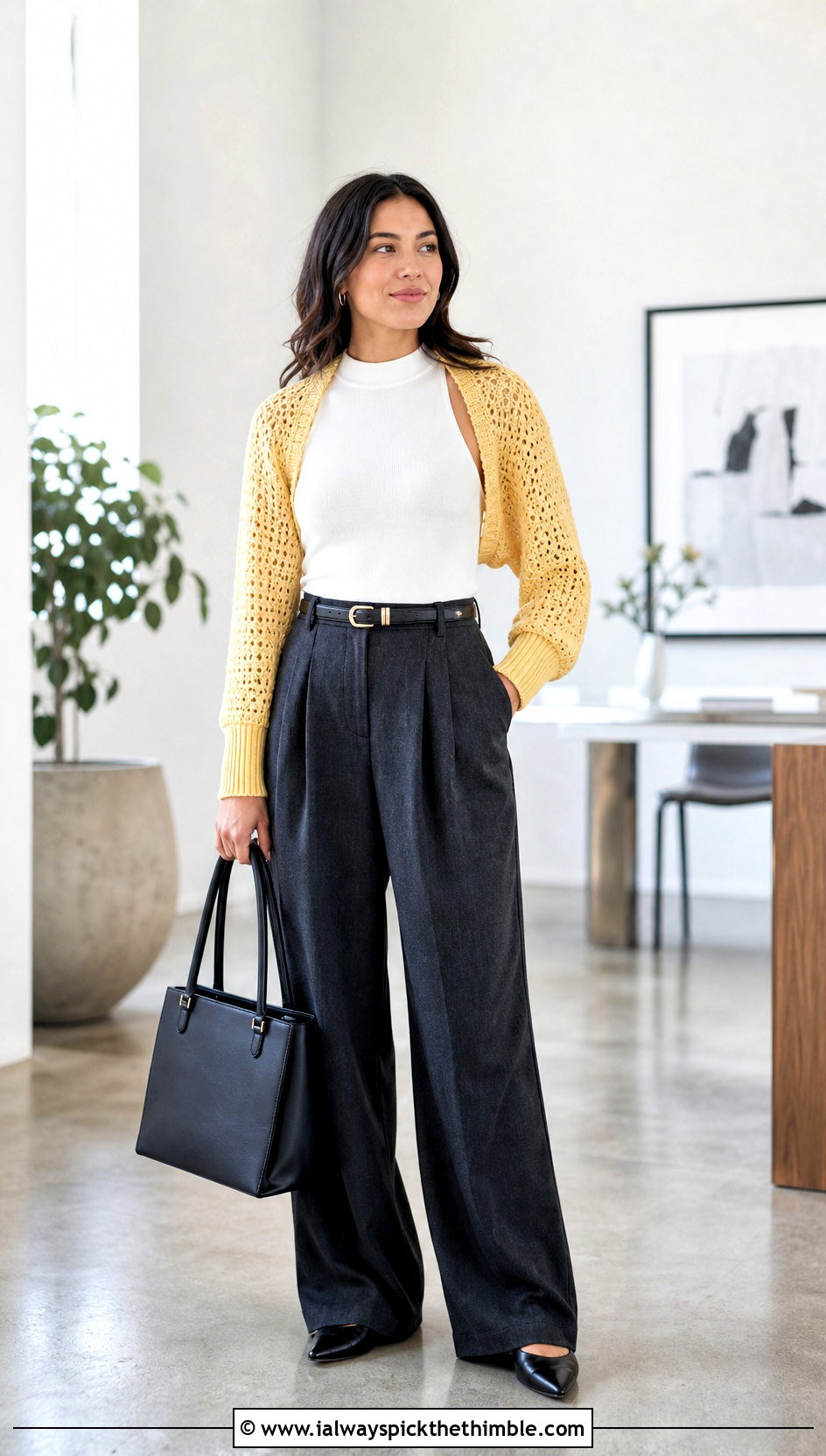 Ribbed Cuff Crochet Shrug Sleeves With Tailored Trousers - 20 Crochet Shrug Sleeves outfit ideas