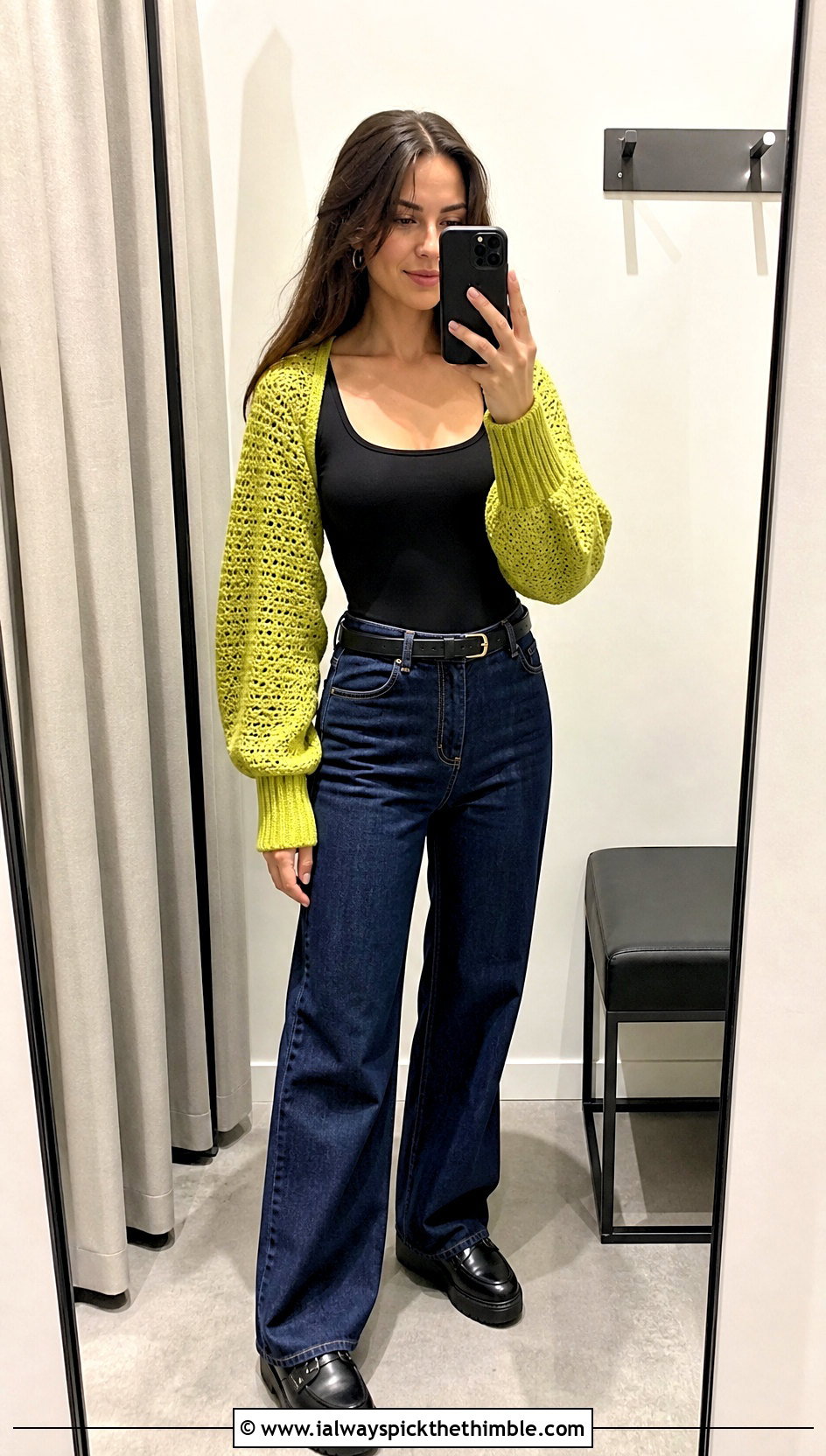 Ribbed Cuff Crochet Shrug With Wide Leg Jeans - 20 easy simple crochet shrug outfit ideas