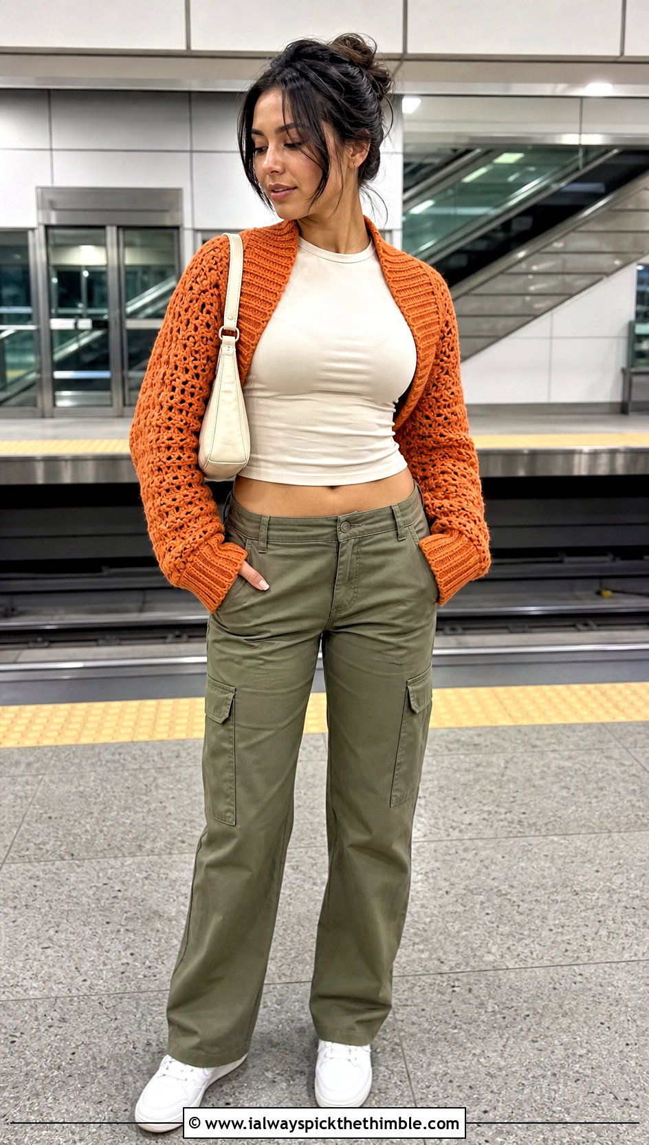 Ribbed Cuff Crochet Shrug Wrap With Cargo Pants - 20 crochet shrug wrap outfit ideas