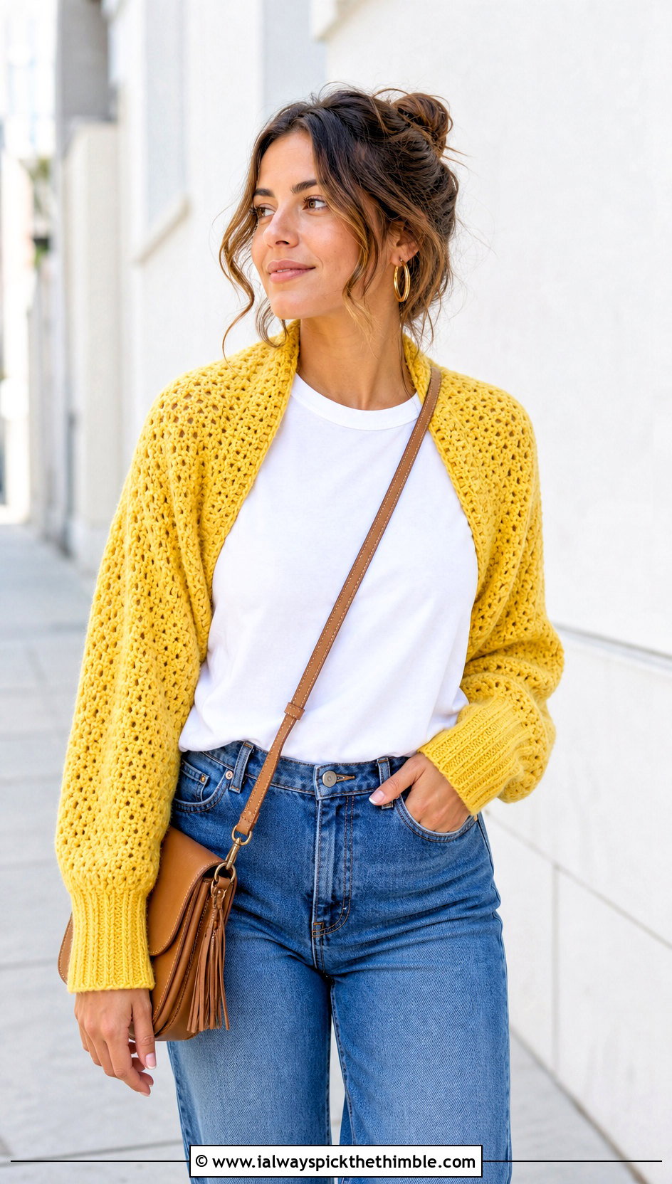 Ribbed Cuff Crochet Sleeve Scarf With Straight Leg Jeans - 20 crochet sleeve scarf outfit ideas