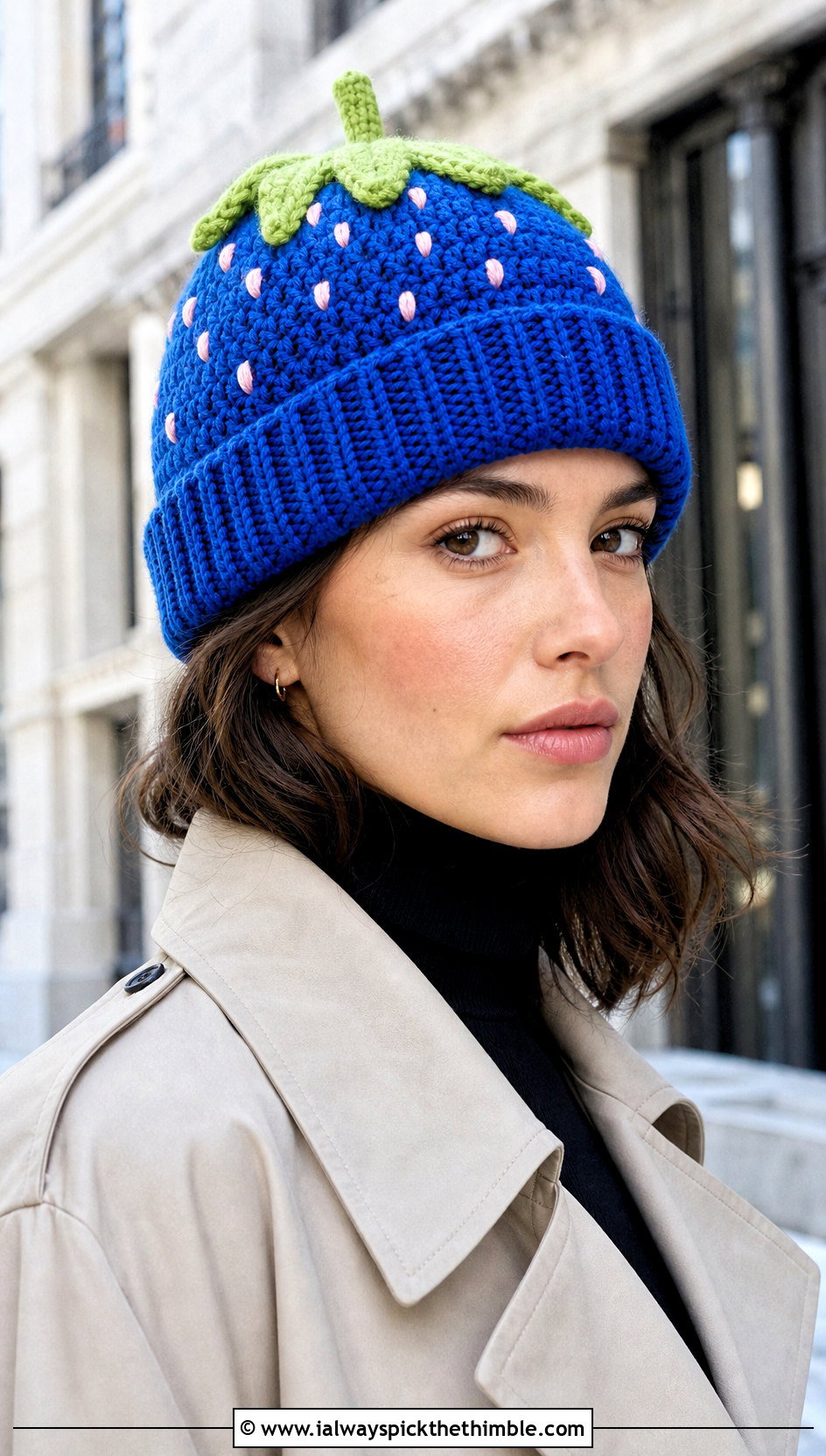 Ribbed Cuff Crochet Strawberry Beanie With Trench Coat - 20 Crochet Strawberry Beanie outfit ideas
