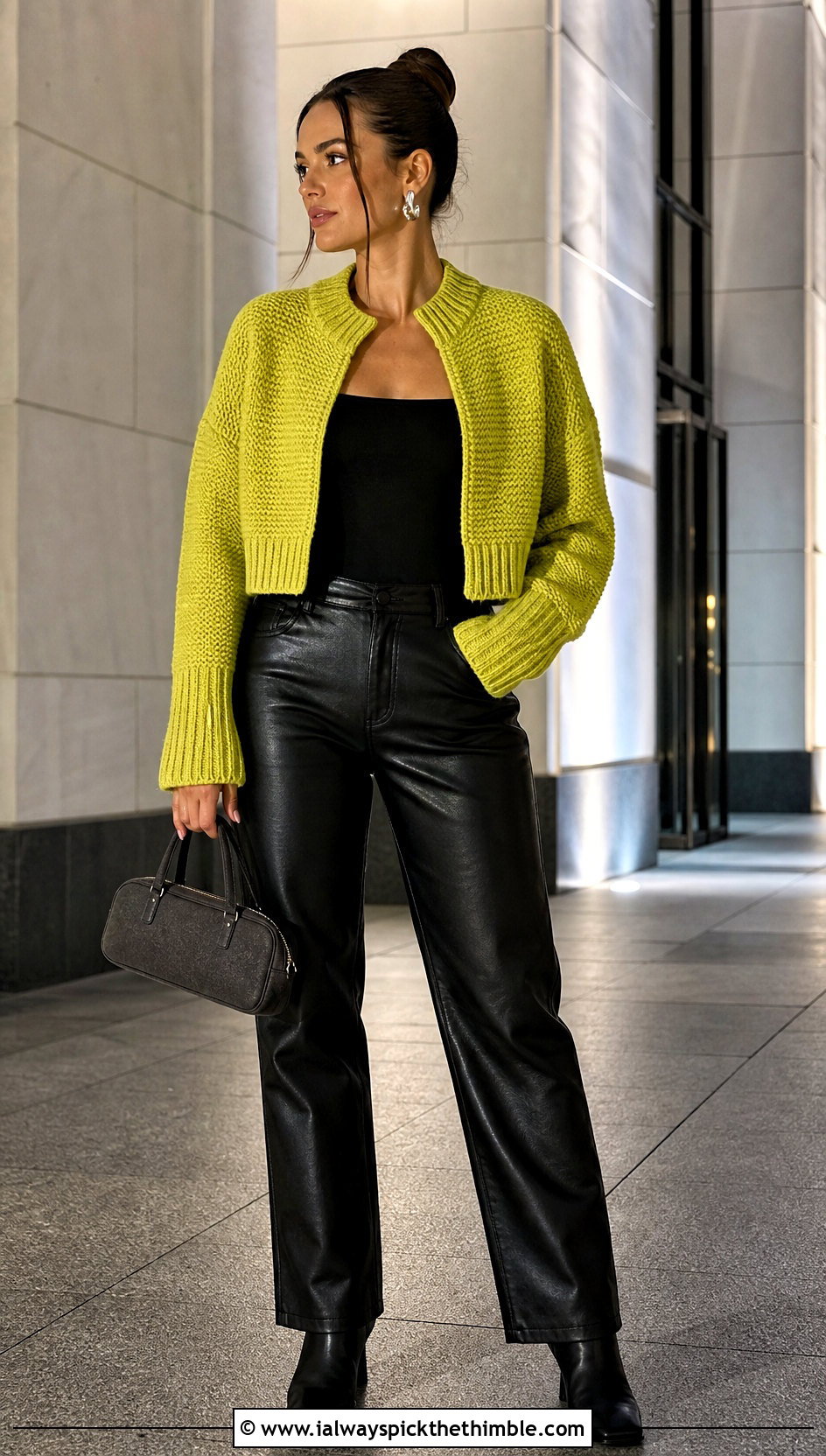 Ribbed Cuff Cropped Cardigan With Leather Pants - 20 Easy Crochet Cropped Cardigan outfit ideas