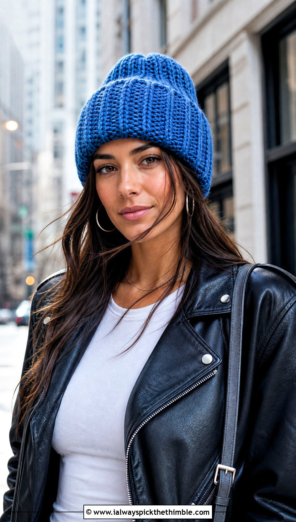 Ribbed Cuff Elsa Beanie With Leather Jacket - 15 Crochet Elsa Beanie outfit ideas