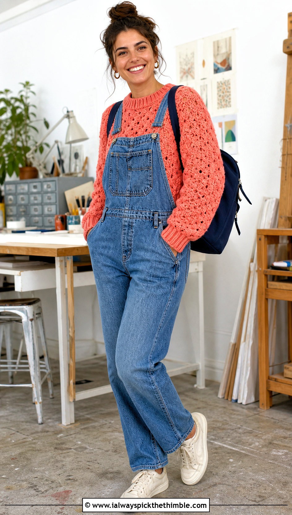 Ribbed Cuff Granny Raglan Sweater With Denim Overalls - 20 Crochet Granny Raglan Sweater outfit ideas