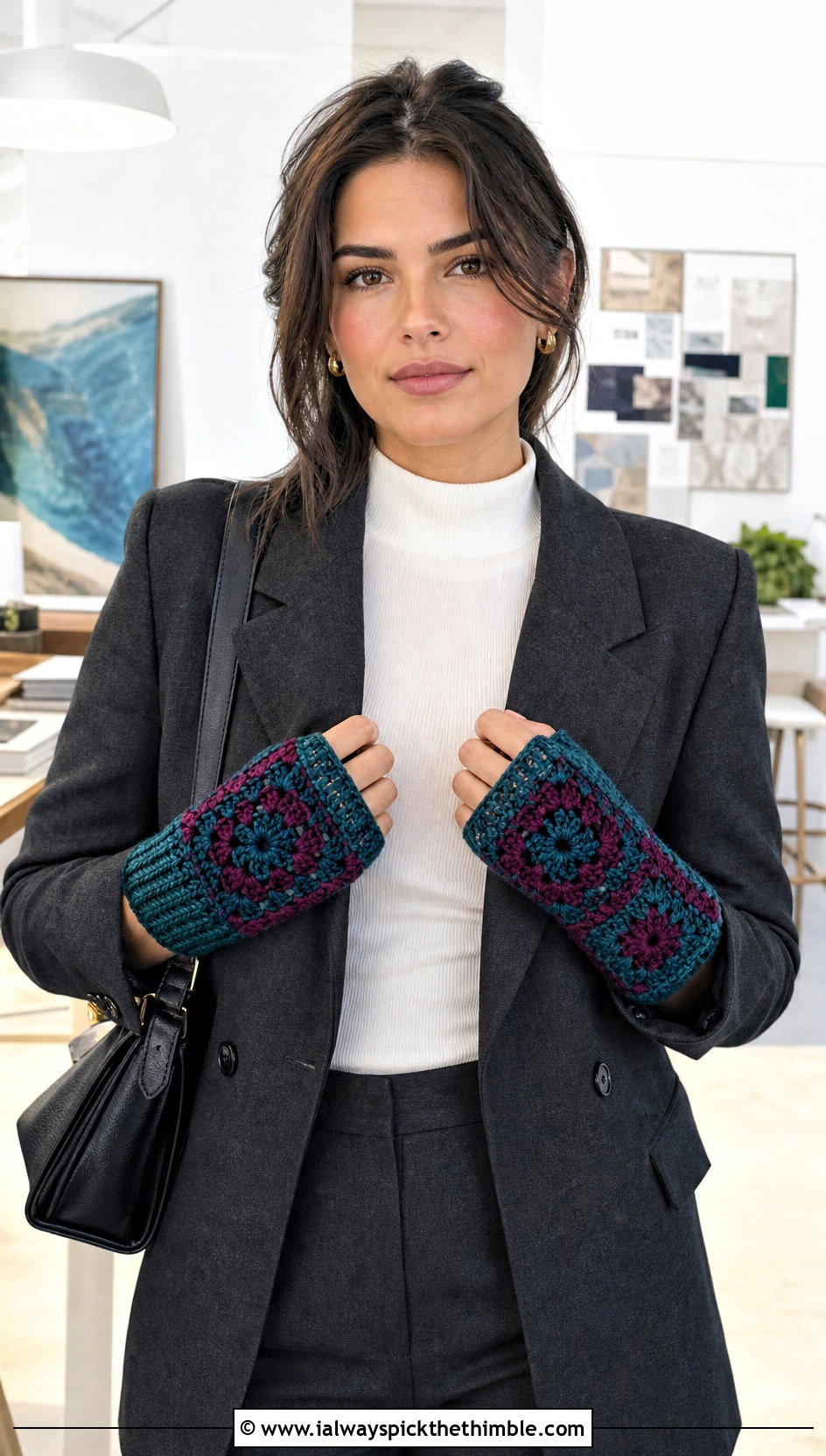 Ribbed Cuff Granny Square Fingerless Gloves With Trouser Suit - 25 granny square fingerless gloves outfit ideas