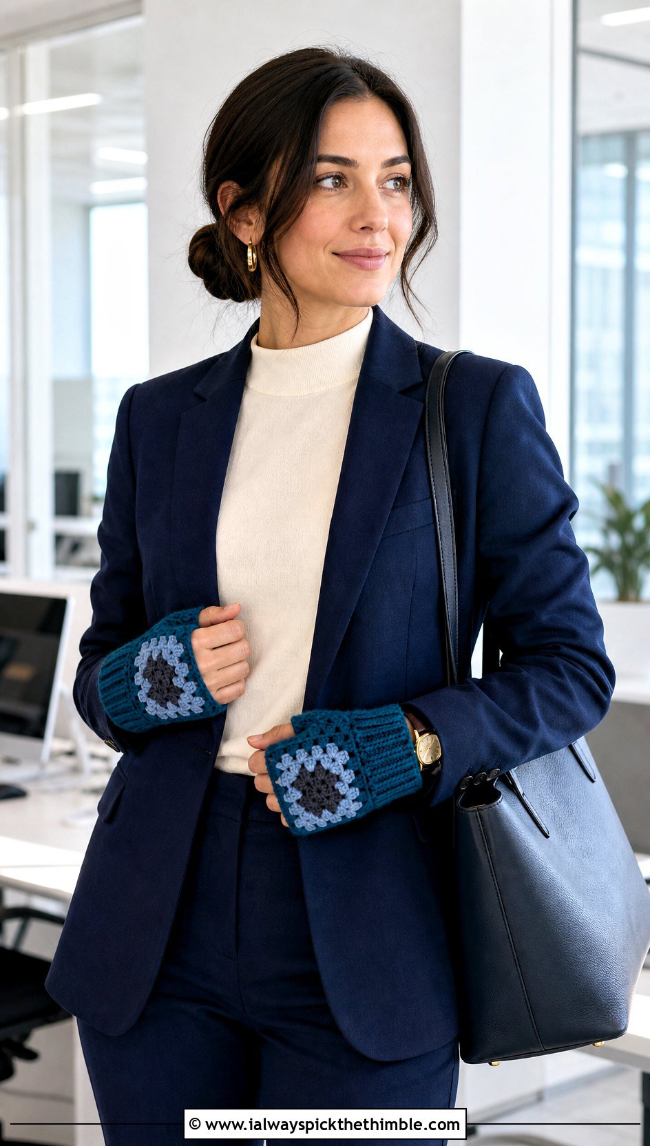 Ribbed Cuff Granny Square Fingerless Gloves With Trouser Suit - 20 crochet granny square fingerless gloves outfit ideas