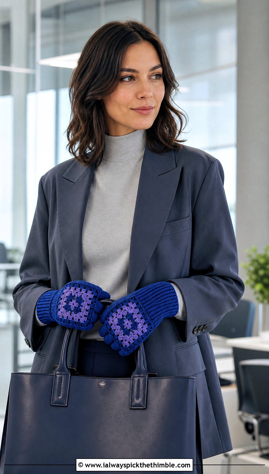 Ribbed Cuff Granny Square Gloves With Trouser Suit - 20 Fingerless Granny Square Gloves outfit ideas