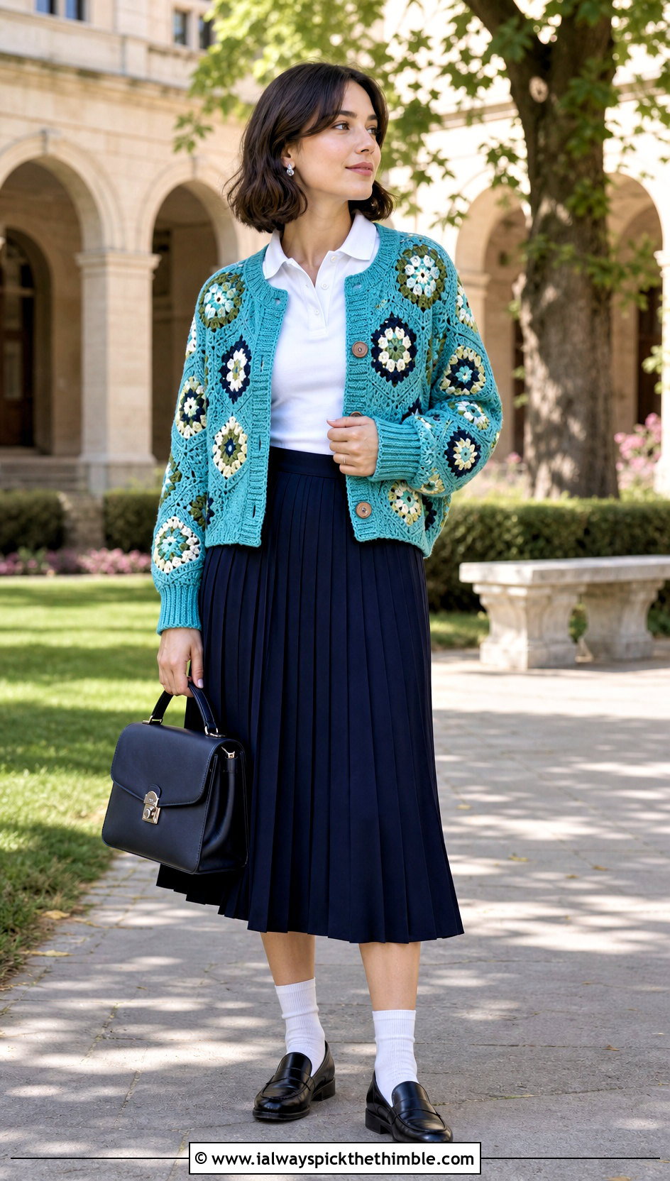 Ribbed Cuff Granny Square Hexagon Cardigan With Pleated Midi Skirt - 25 granny square hexagon cardigan outfit ideas
