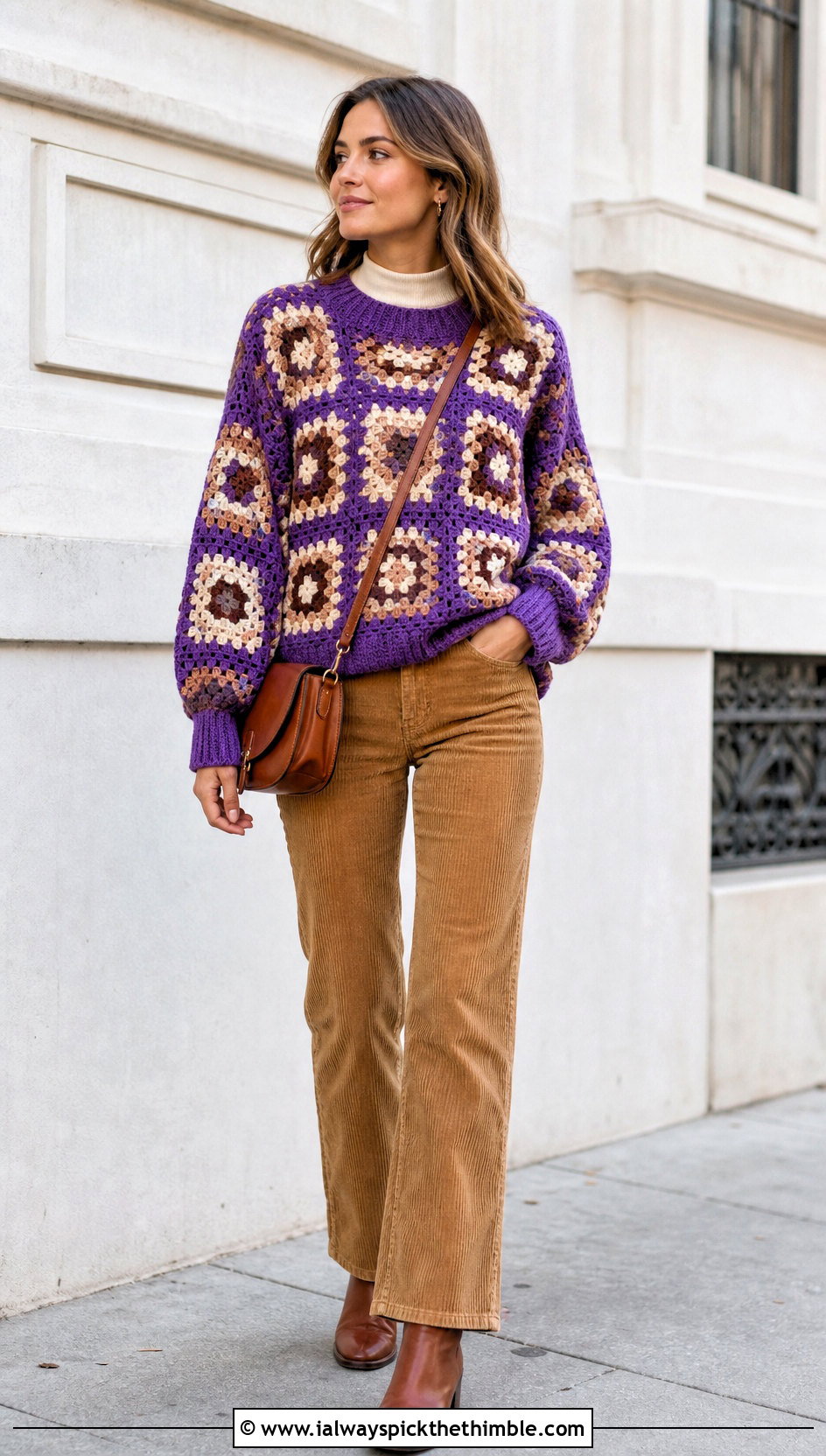 Ribbed Cuff Granny Square Pullover With Corduroy Pants - 25 crochet granny square pullover outfit ideas