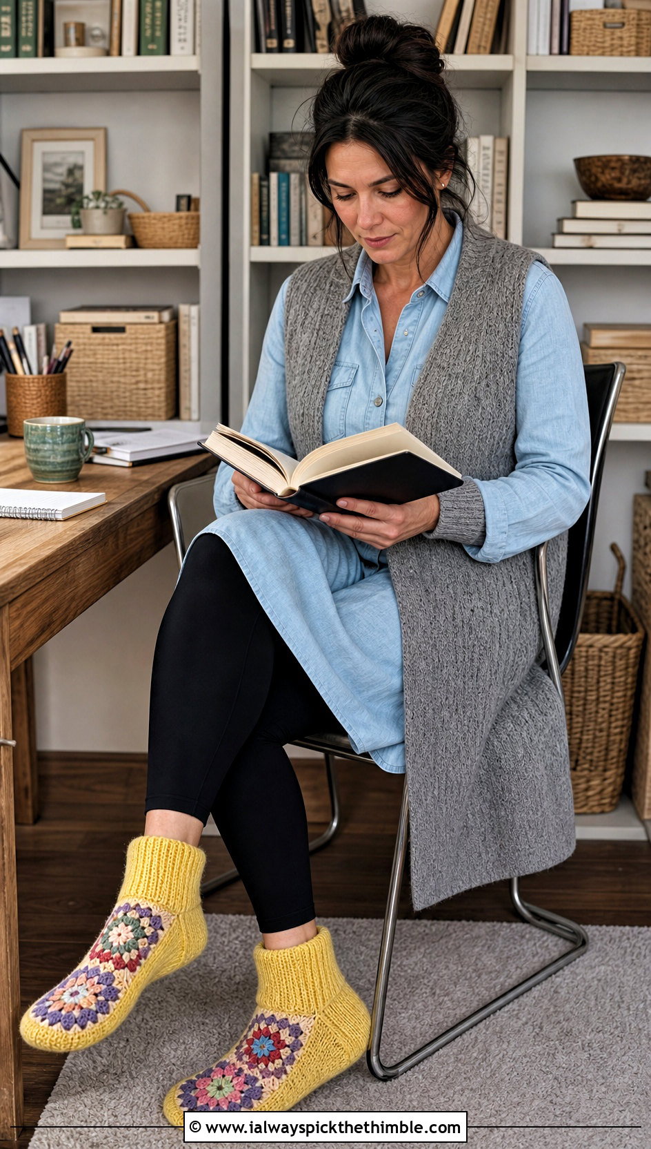 Ribbed Cuff Granny Square Slipper Socks With A Shirt Dress - 25 granny square slippers outfit ideas