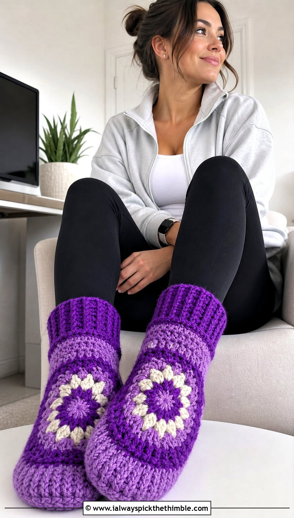 Ribbed Cuff Granny Square Slipper Socks With Leggings And A Quarter Zip - 15 Granny Square Slipper Socks outfit ideas
