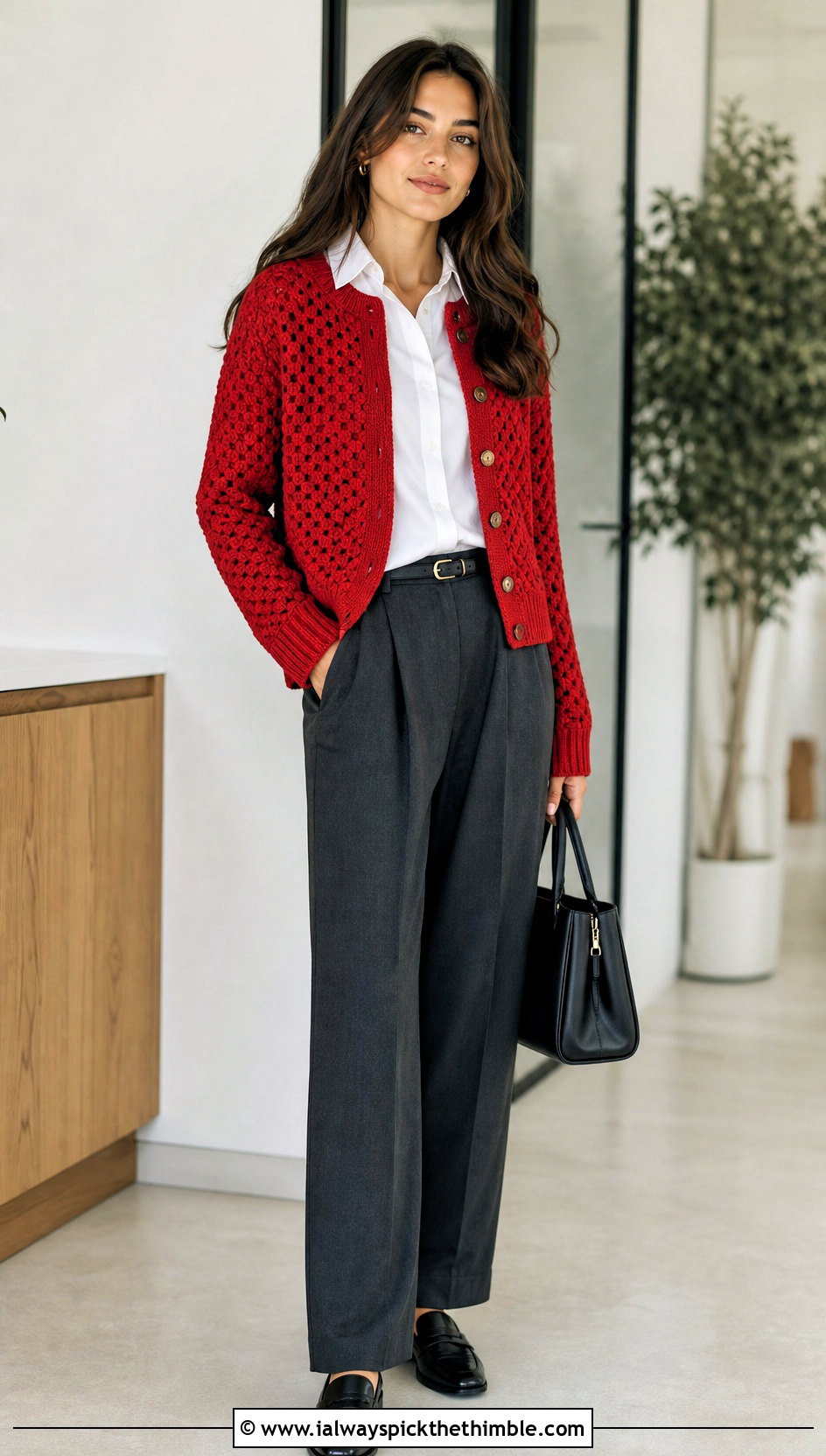 Ribbed Cuff Hexagon Cardigan With Pleated Trousers - 25 crochet hexagon sweater outfit ideas