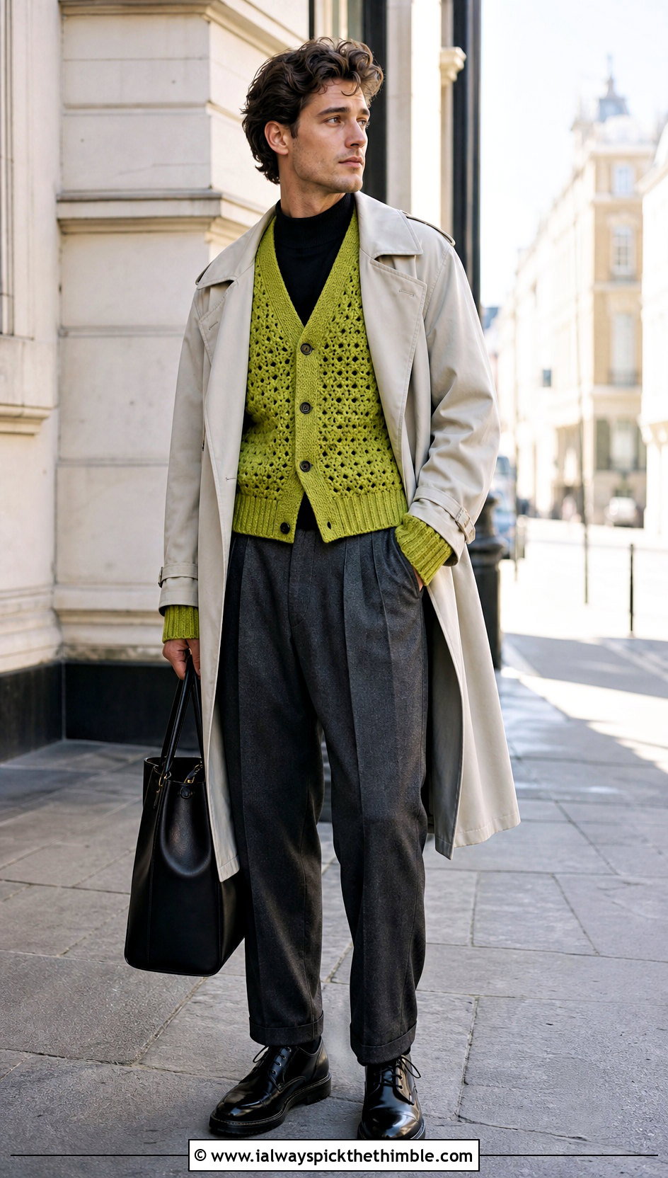 Ribbed Cuff Hexagon Cardigan With Trench Coat - 25 men hexagon crochet cardigan outfit ideas