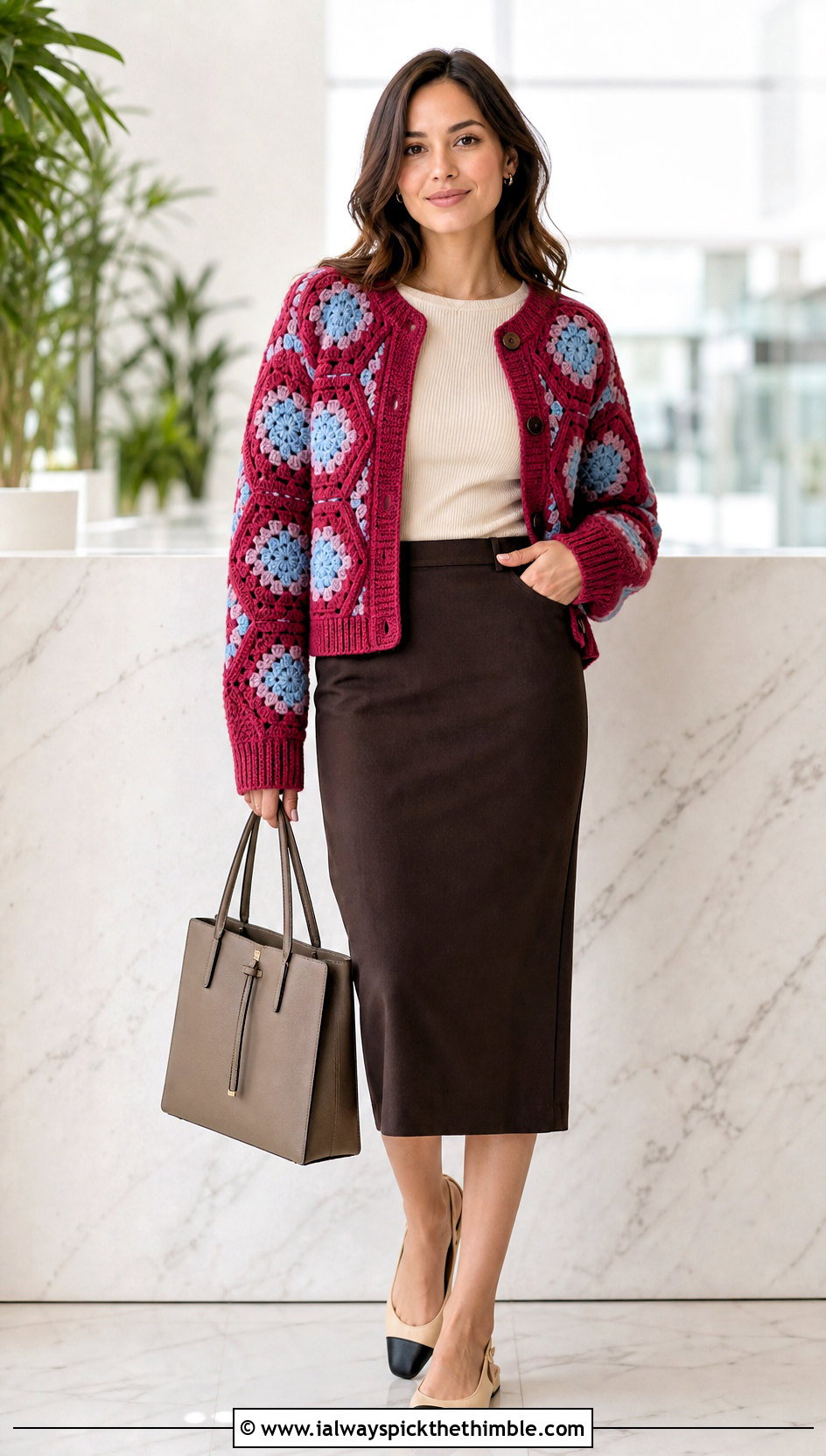 Ribbed Cuff Hexagon Crochet Cardigan With Pencil Skirt - 20 Hexagon Crochet Cardigan With Granny Squares outfit ideas