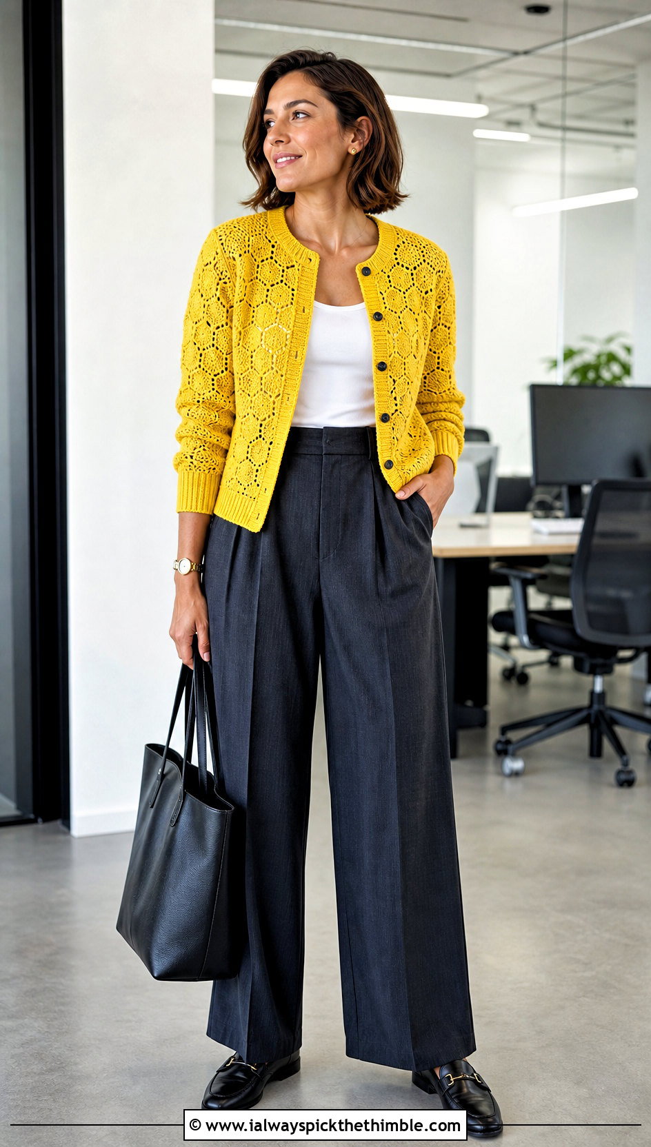 Ribbed Cuff Hexagon Crochet Cardigan With Tailored Trousers - 25 hexagon crochet cardigan outfit ideas