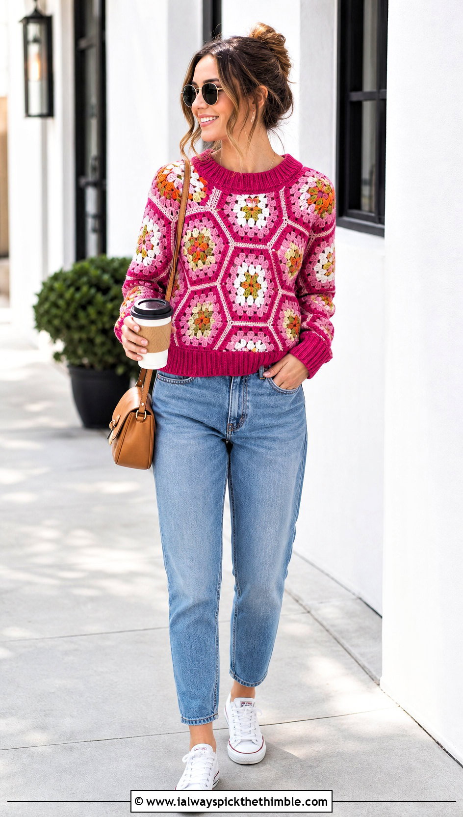 Ribbed Cuff Hexagon Granny Square Sweater With Mom Jeans - 25 hexagon granny square sweater outfit ideas