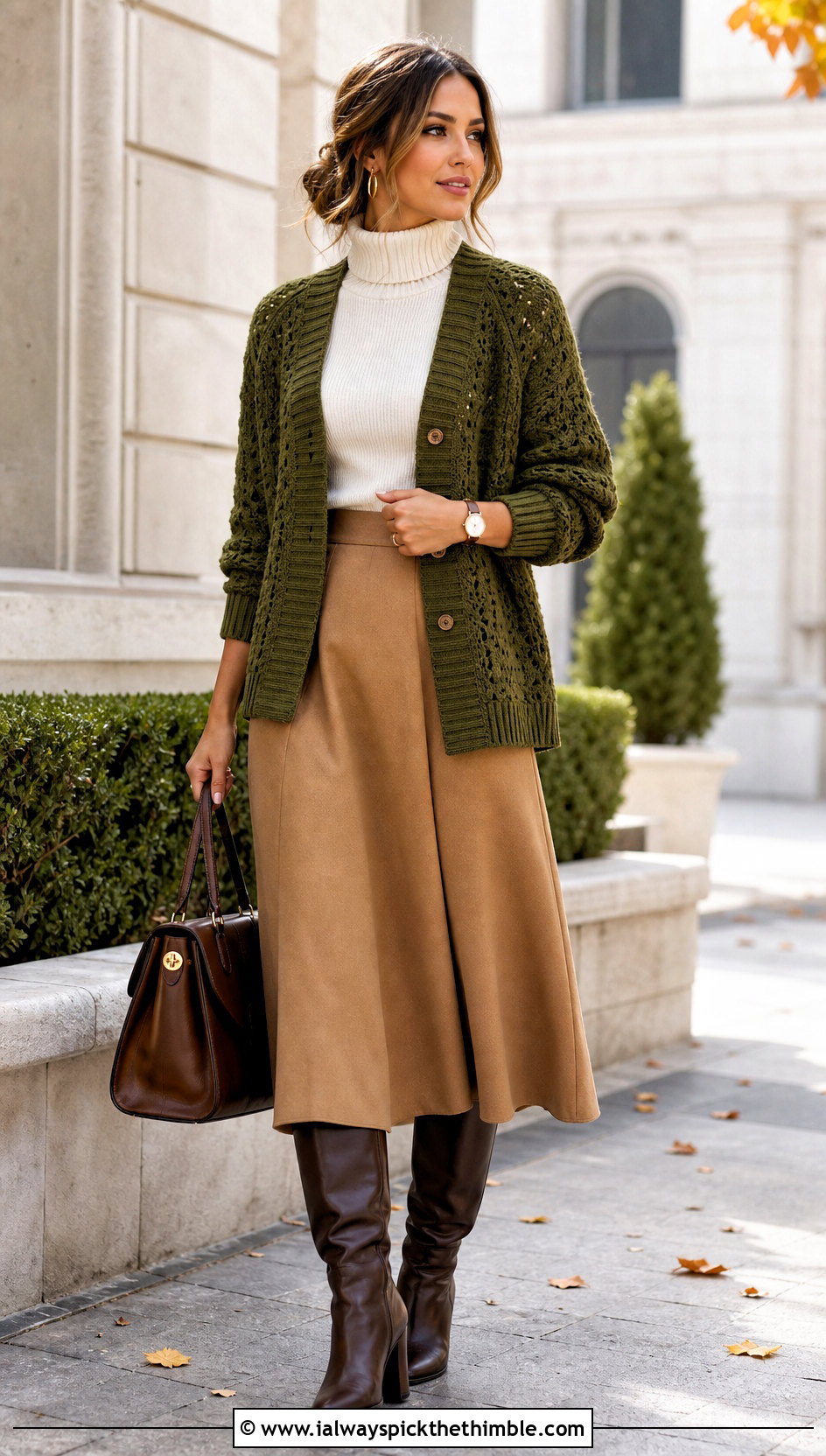 Ribbed Cuff Hexi Cardigan With Turtleneck And Midi Skirt - 25 crochet hexi cardigan outfit ideas