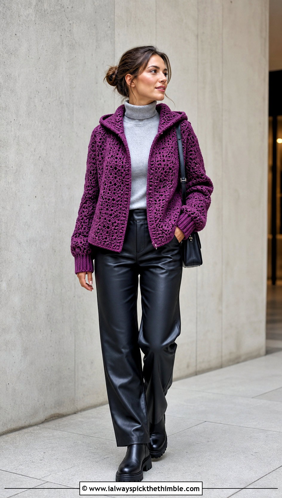 Ribbed Cuff Hexi Crochet Hoodie With Leather Pants - 20 hexi crochet hoodie outfit ideas